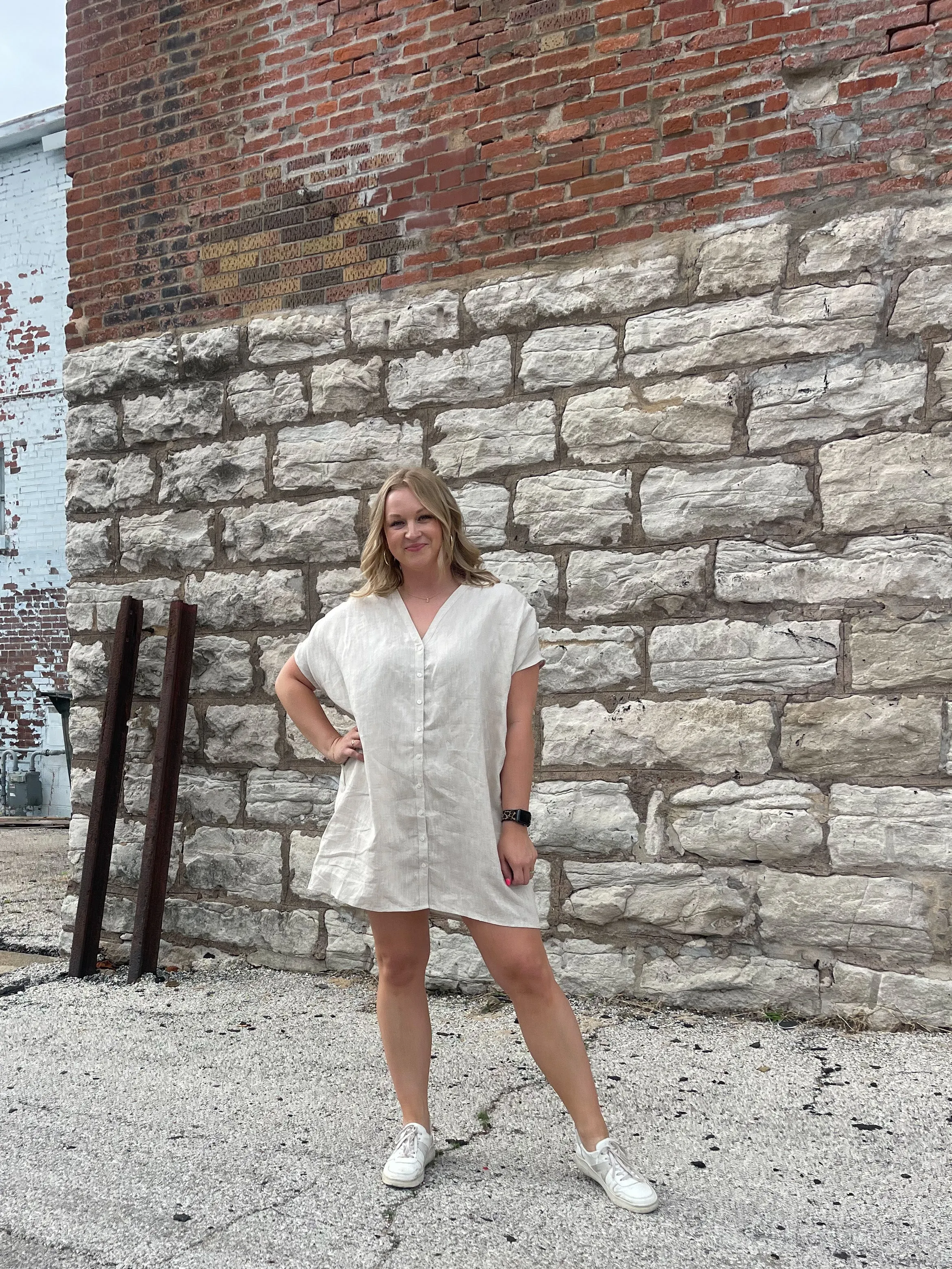 Greige Boxy Linen Short Sleeve Dress