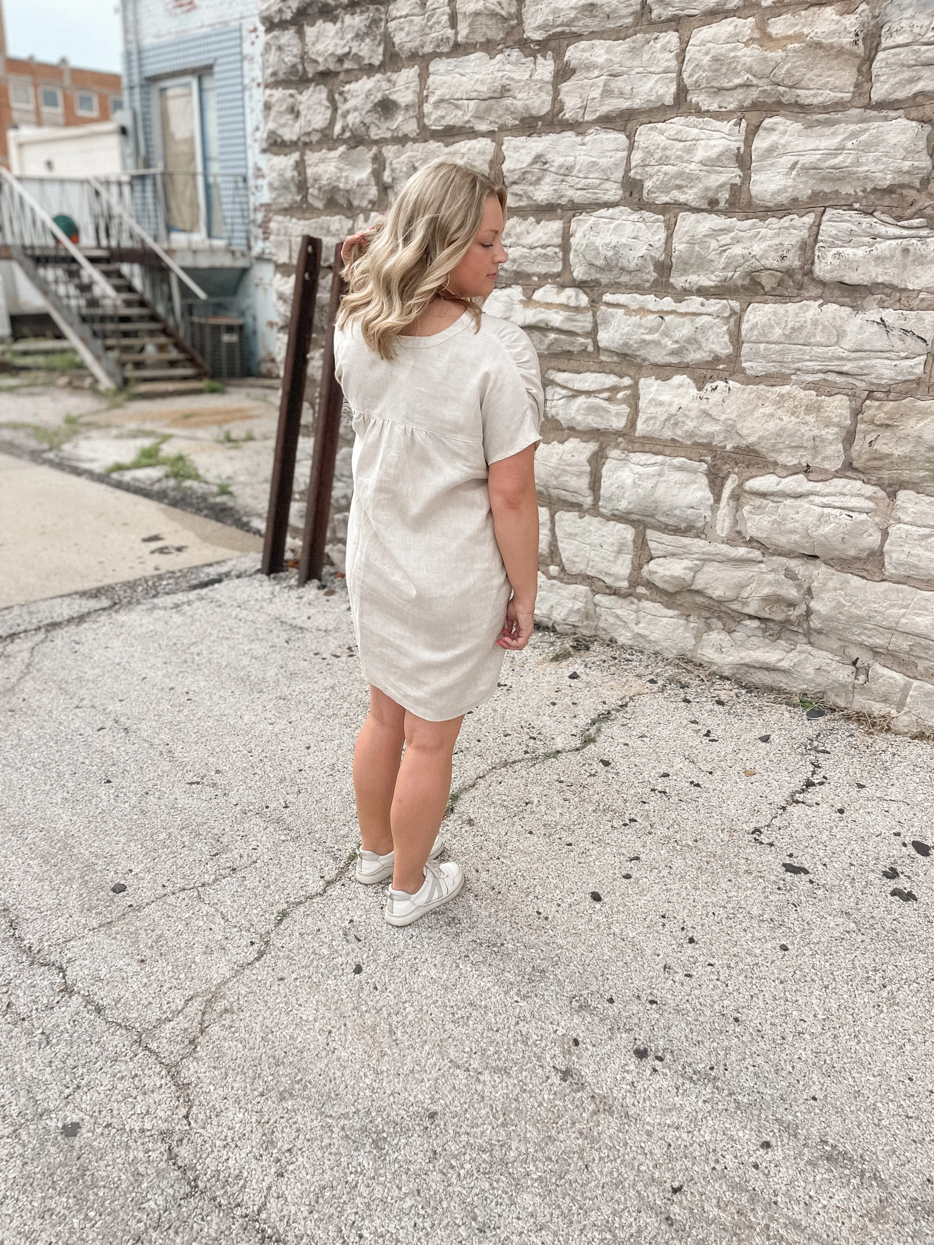 Greige Boxy Linen Short Sleeve Dress