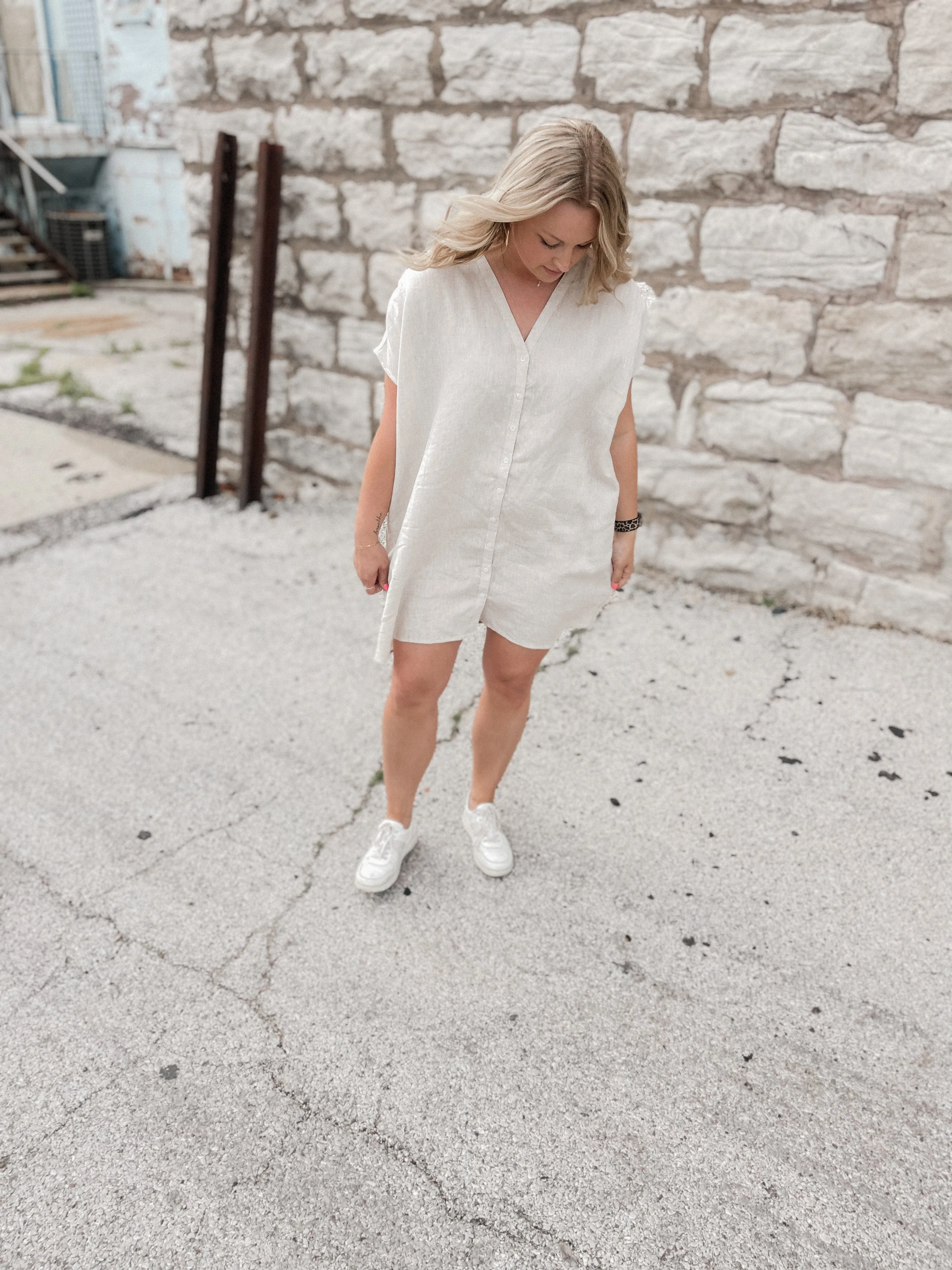 Greige Boxy Linen Short Sleeve Dress