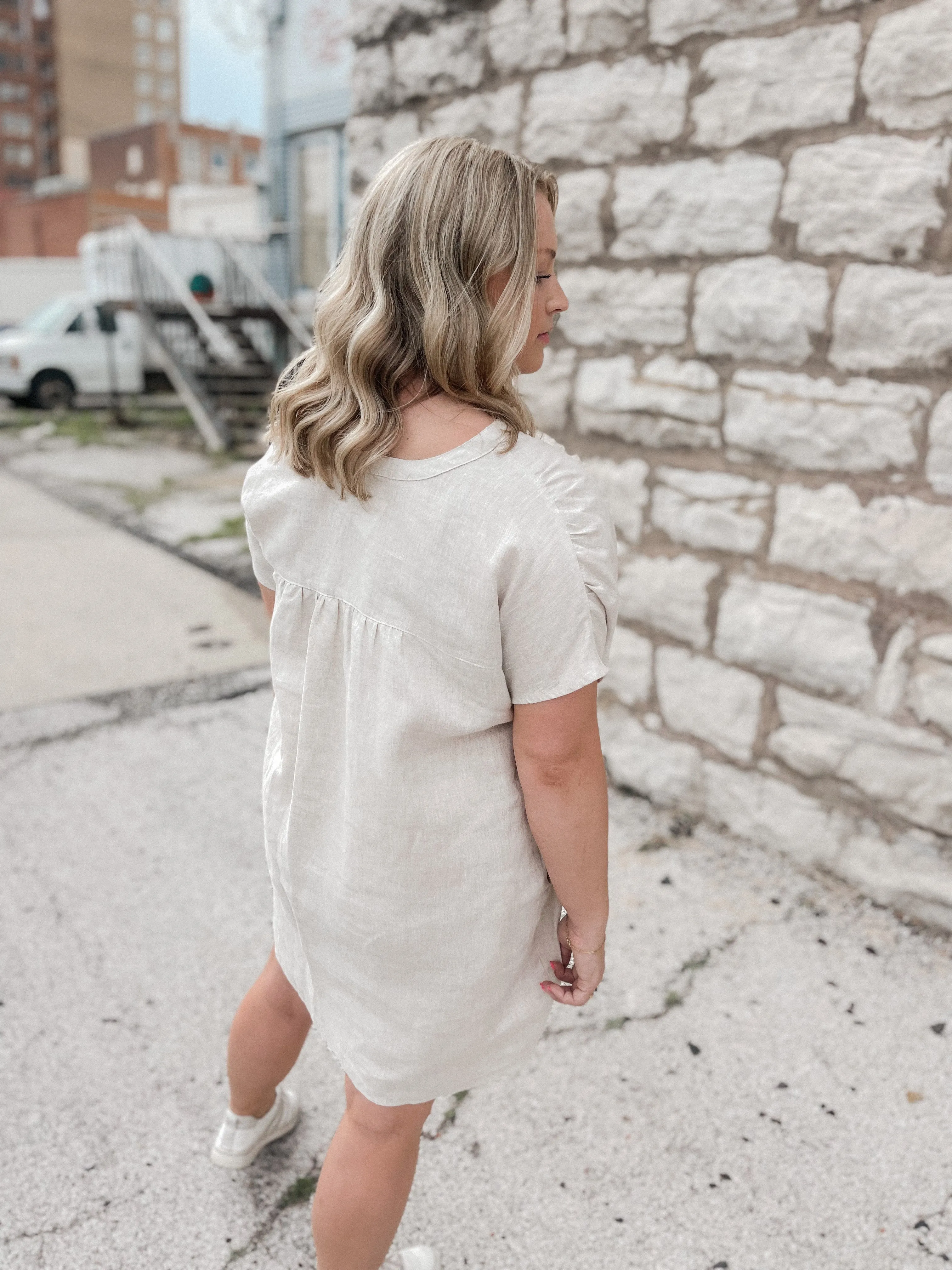 Greige Boxy Linen Short Sleeve Dress