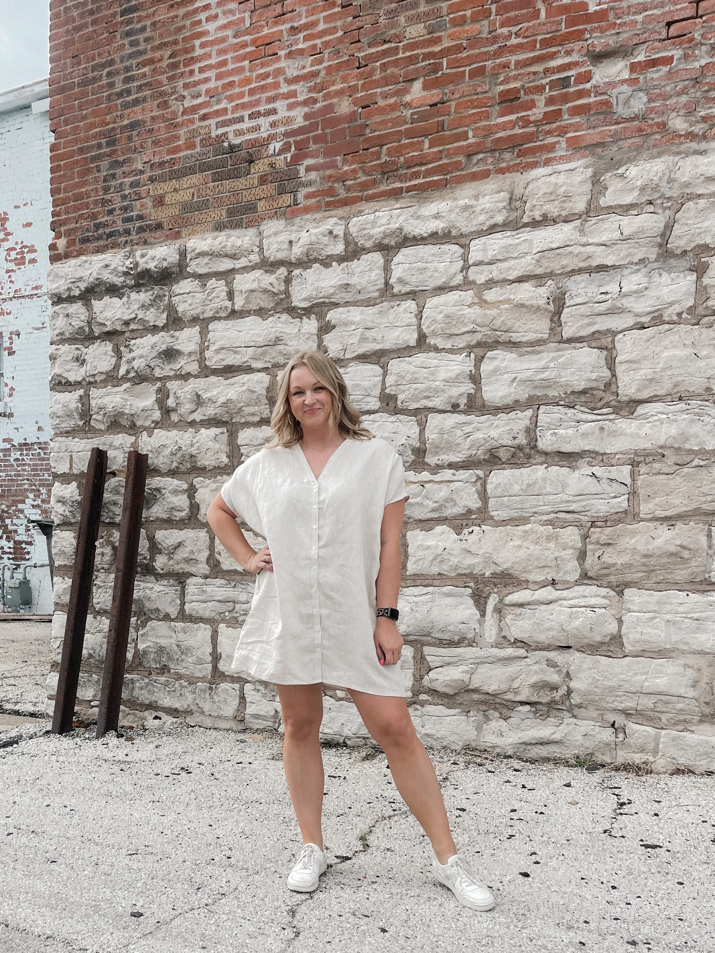Greige Boxy Linen Short Sleeve Dress