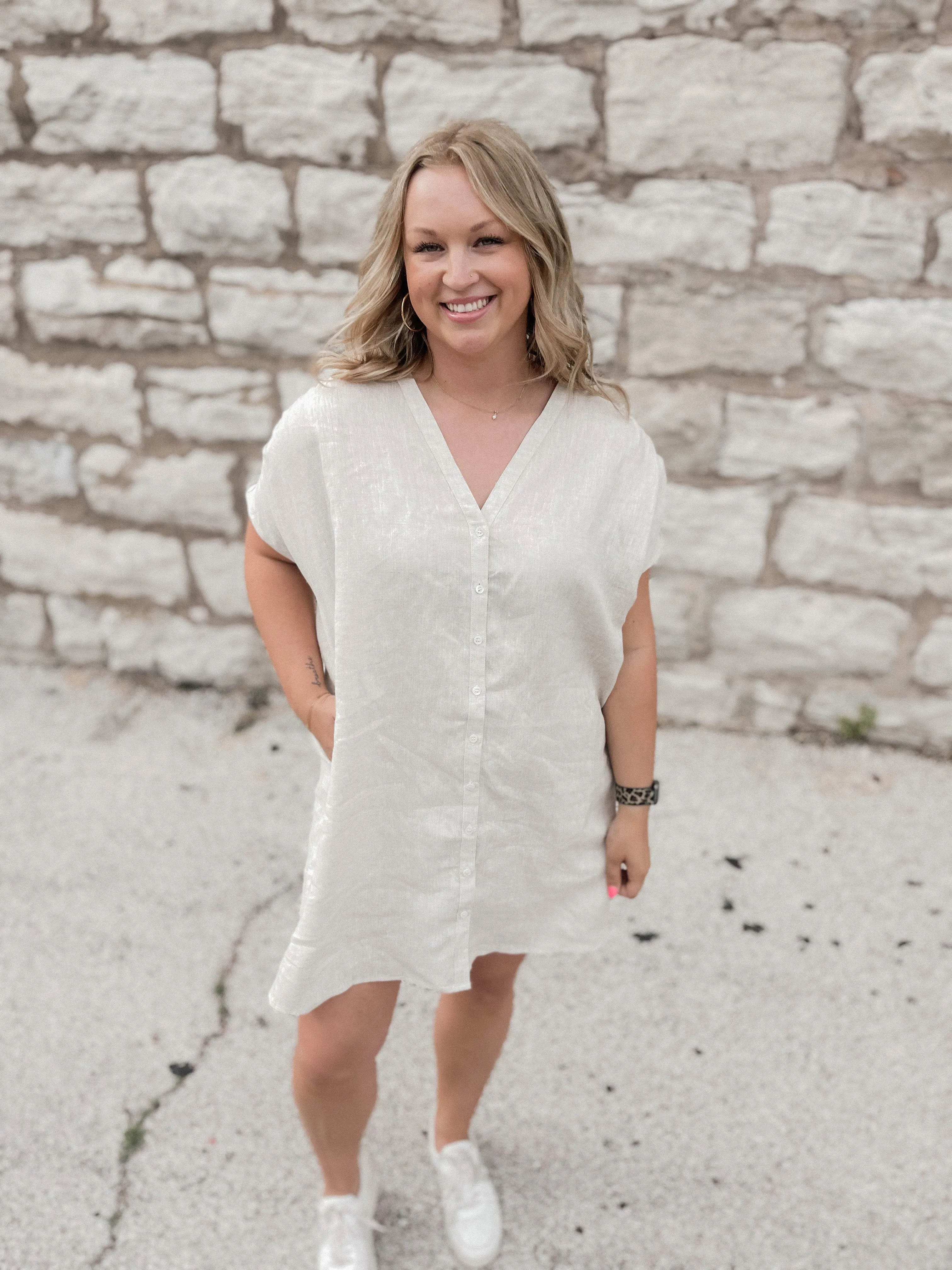 Greige Boxy Linen Short Sleeve Dress