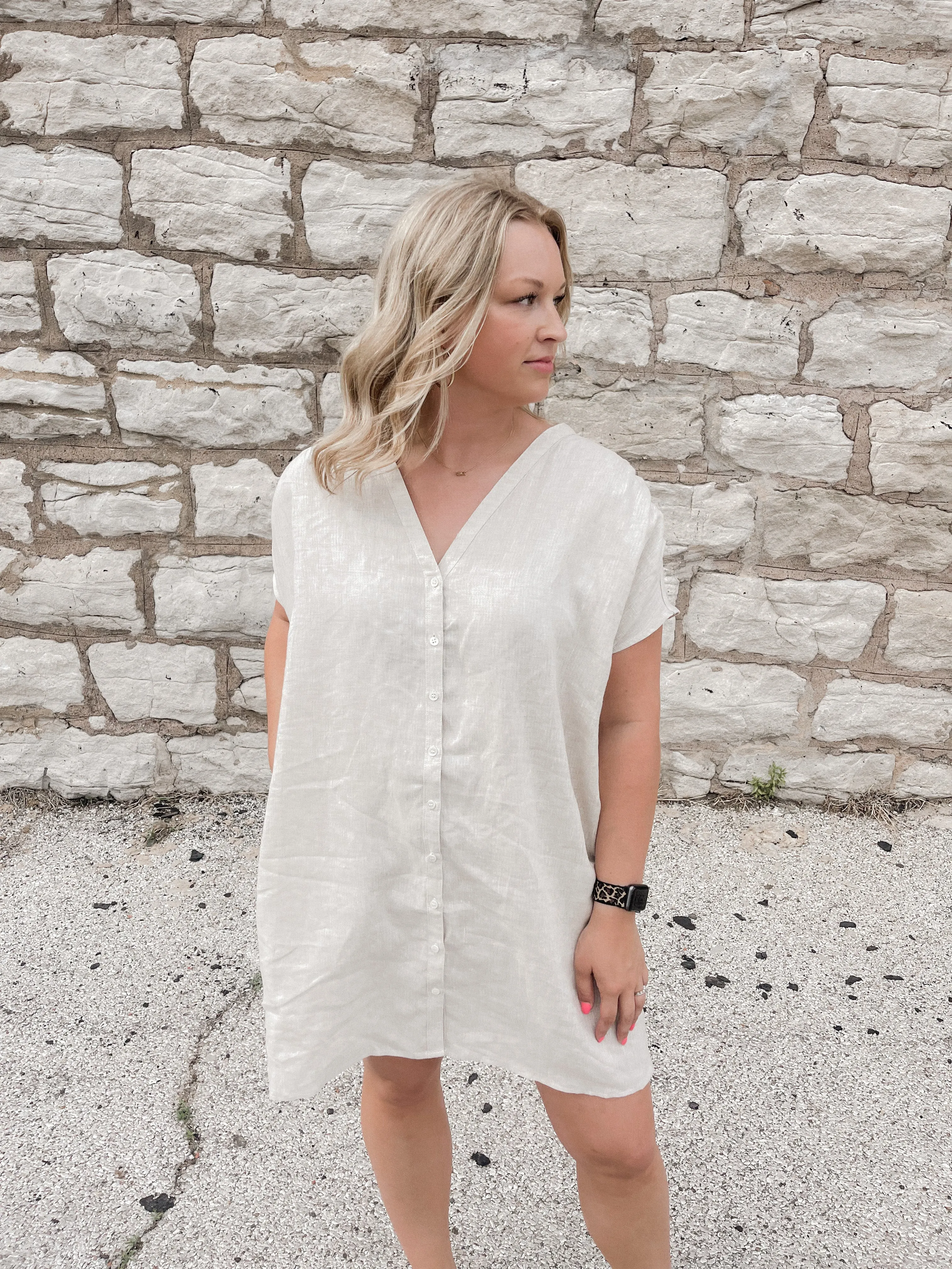 Greige Boxy Linen Short Sleeve Dress