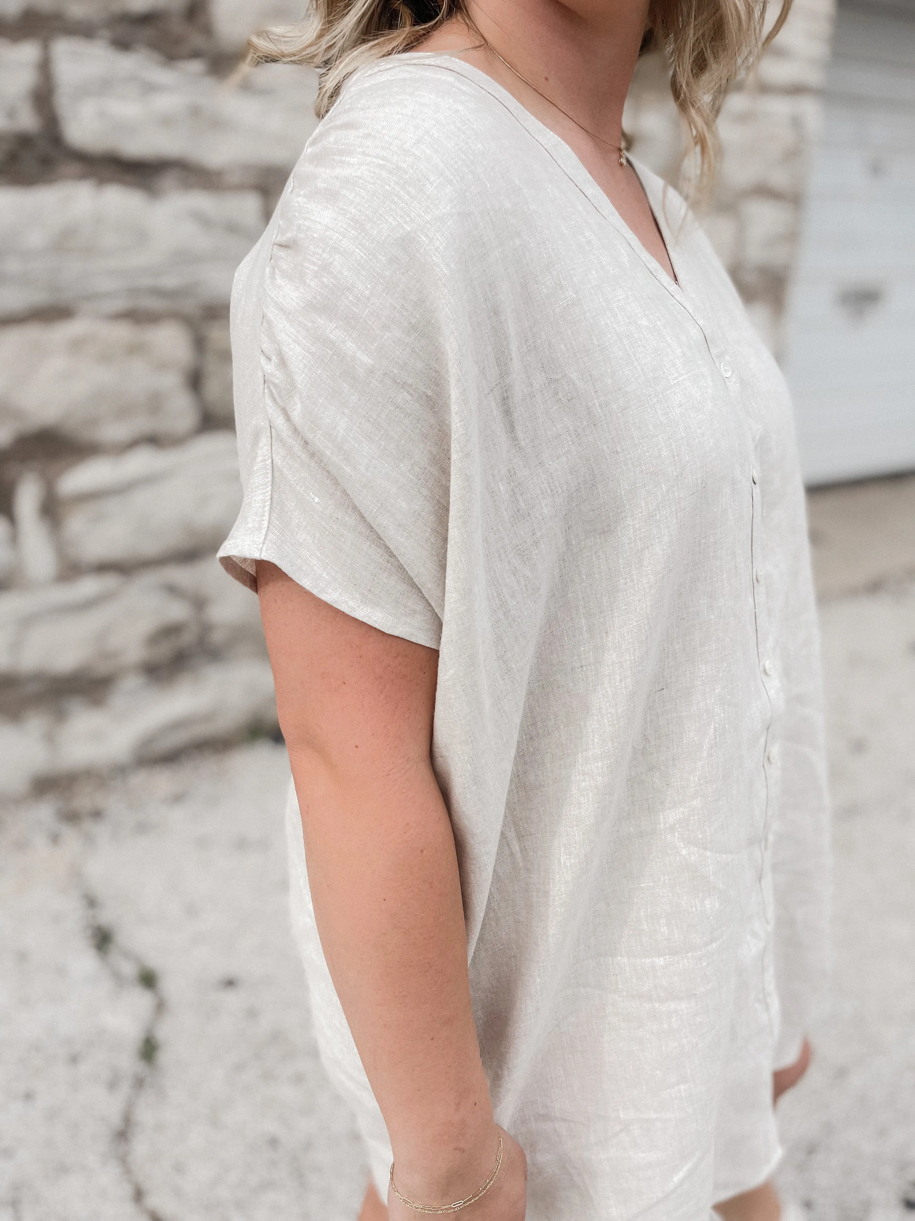 Greige Boxy Linen Short Sleeve Dress