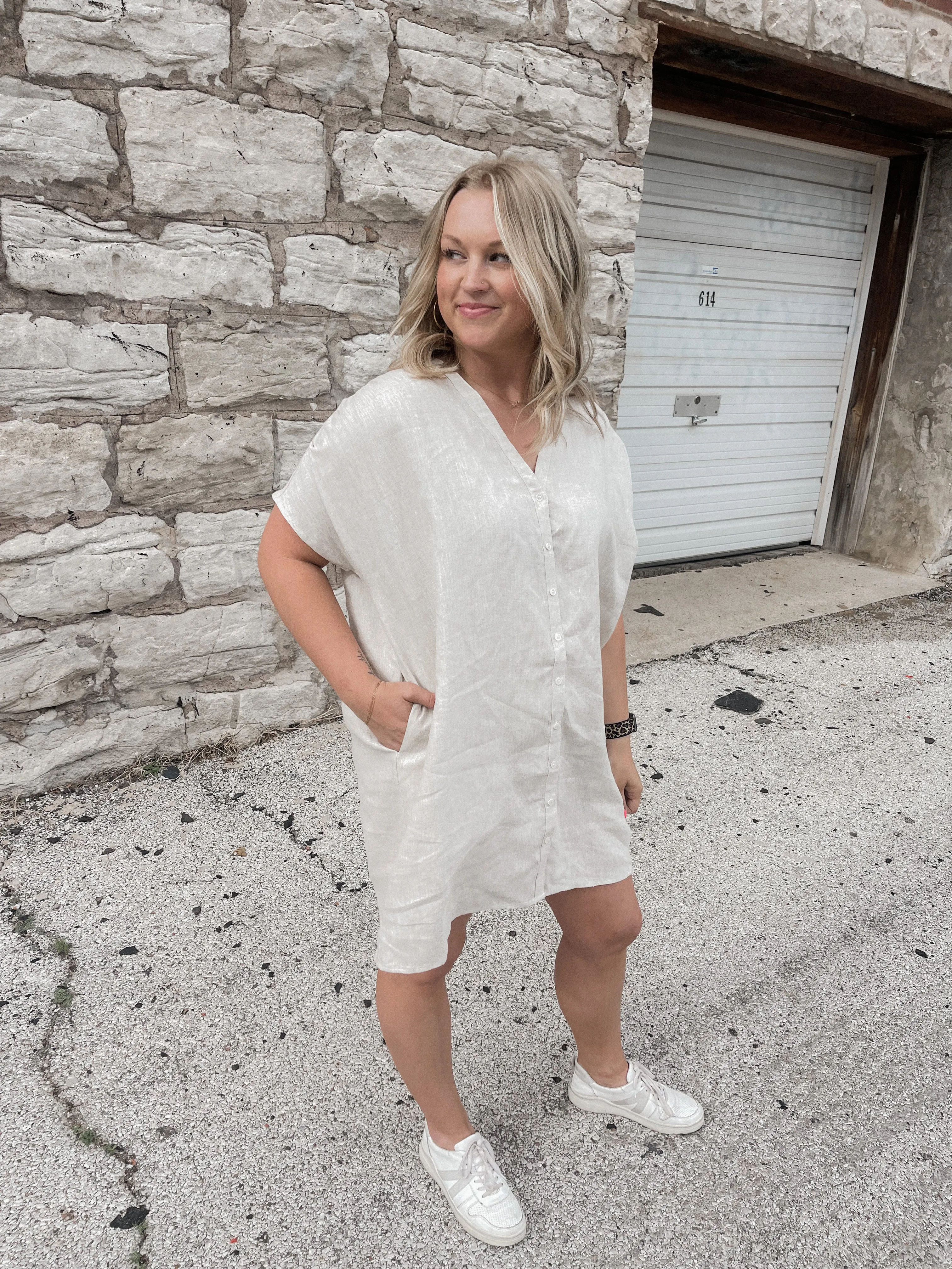 Greige Boxy Linen Short Sleeve Dress