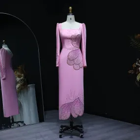 HELEN Luxury Pink Long Sleeves Beaded Evening Dress