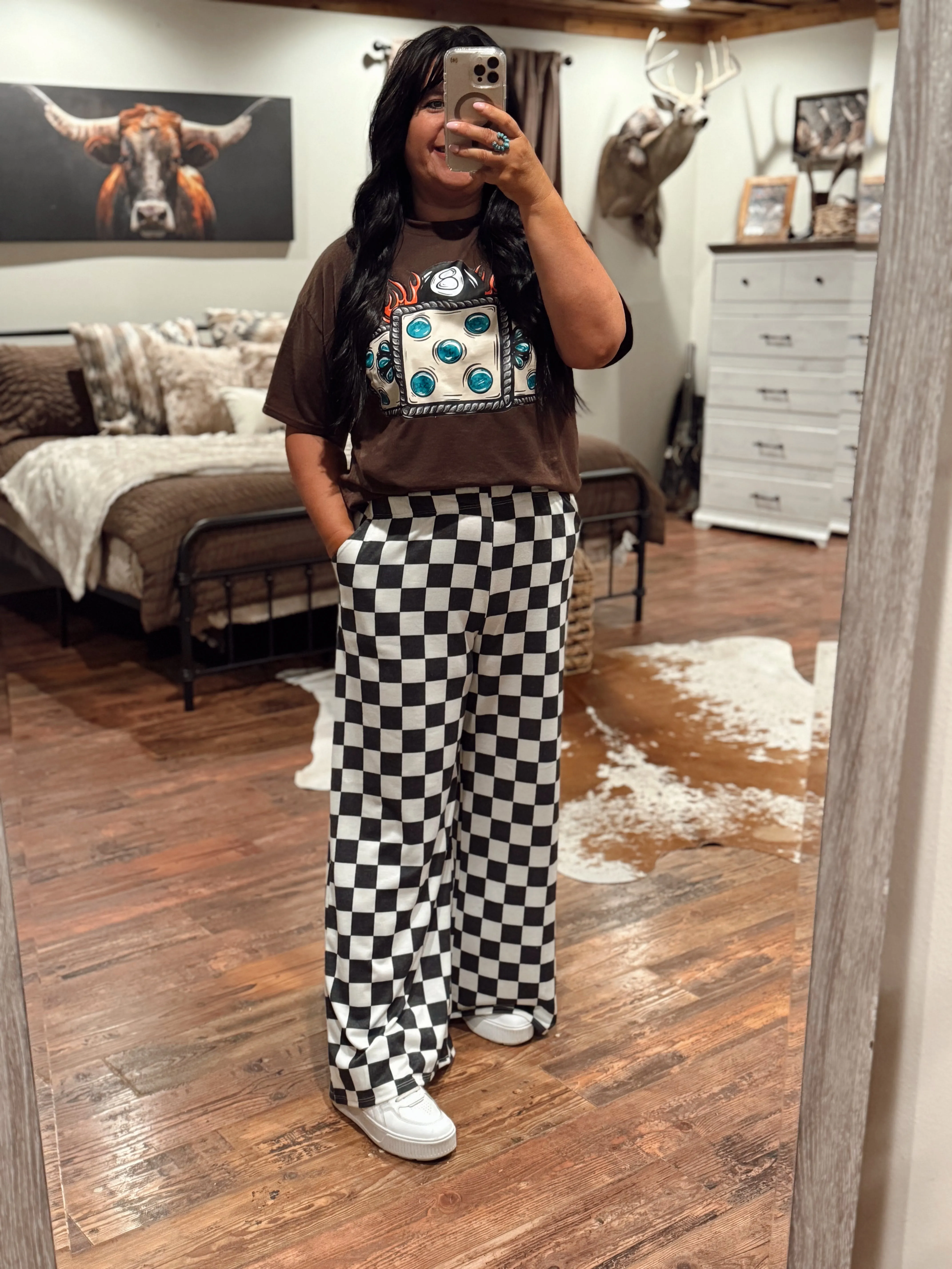 High Waist Checkered Straight Leg Knit Pants