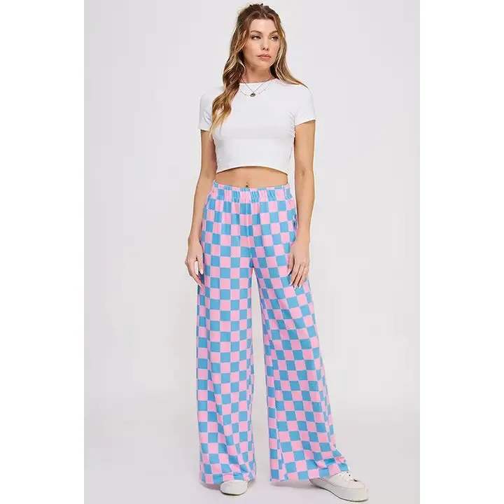 High Waist Checkered Straight Leg Knit Pants
