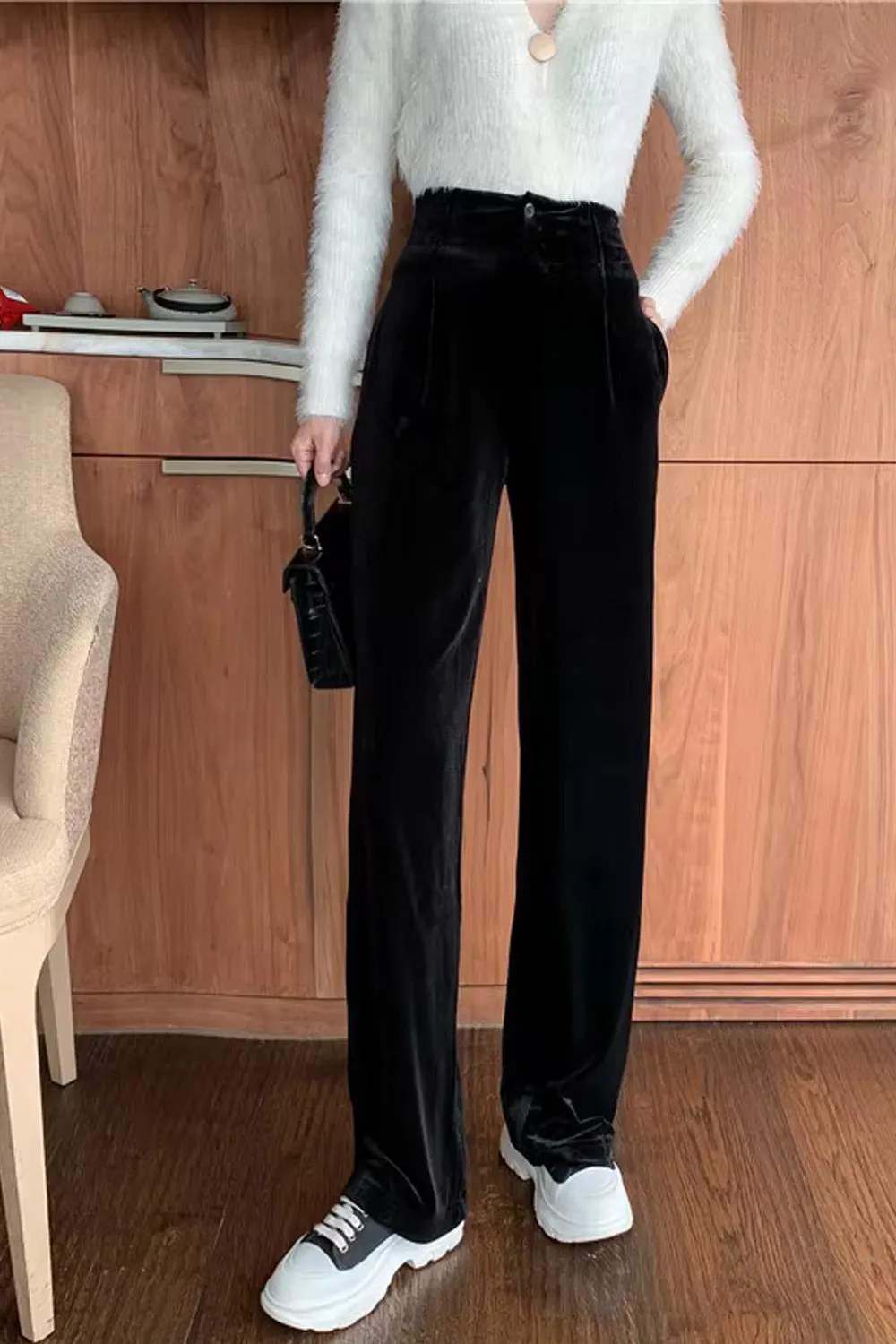 High Waist Loose Office Velvet Pants