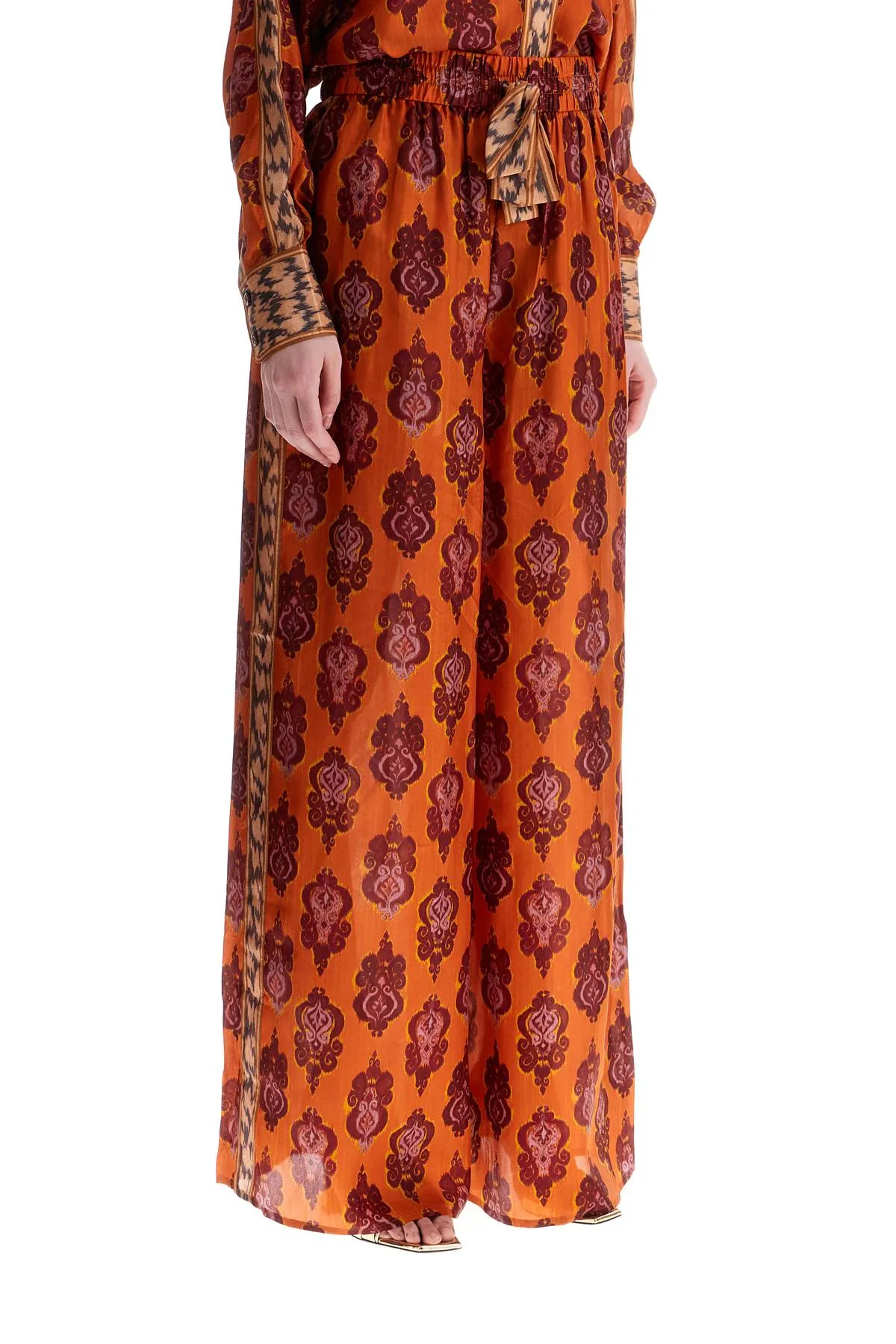 High Waist Wide Leg Ikat Print Silk Pants Orange