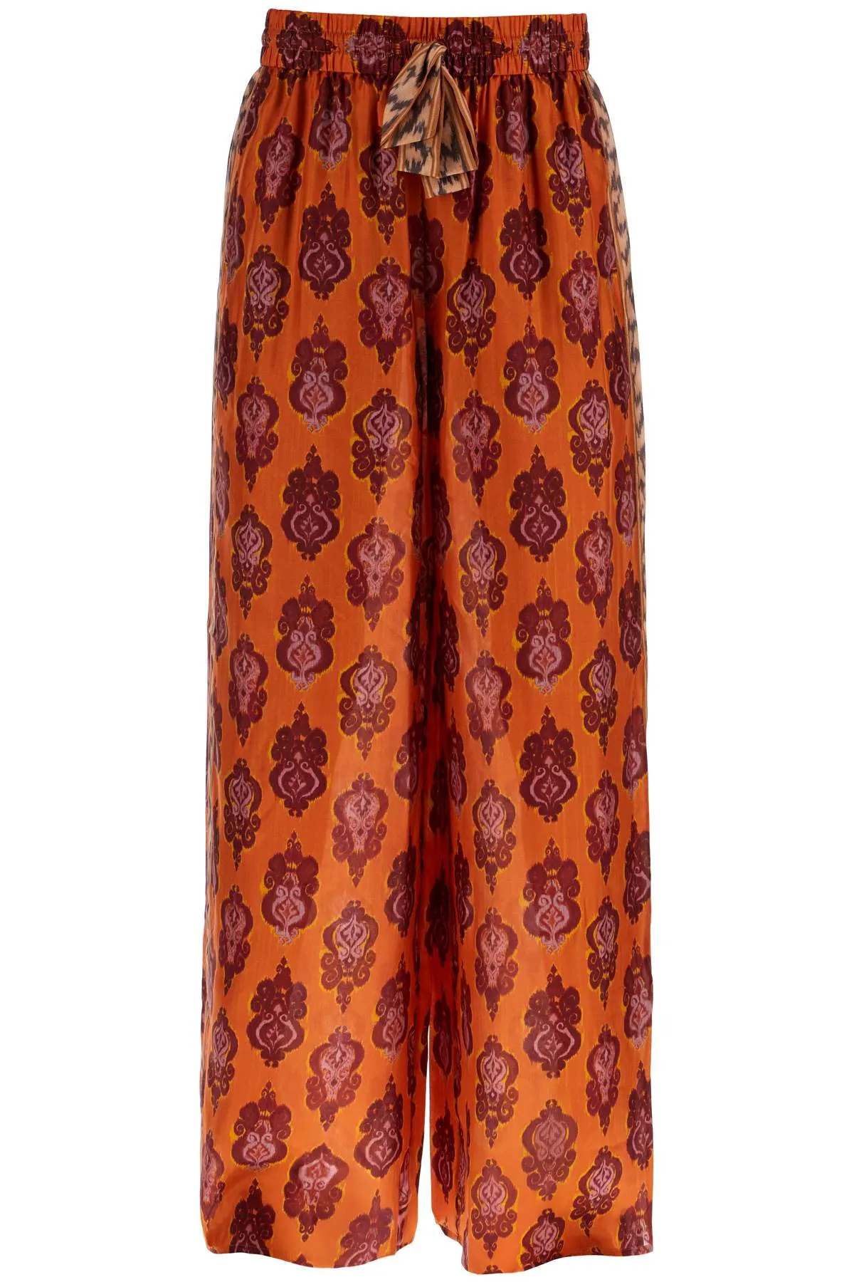 High Waist Wide Leg Ikat Print Silk Pants Orange