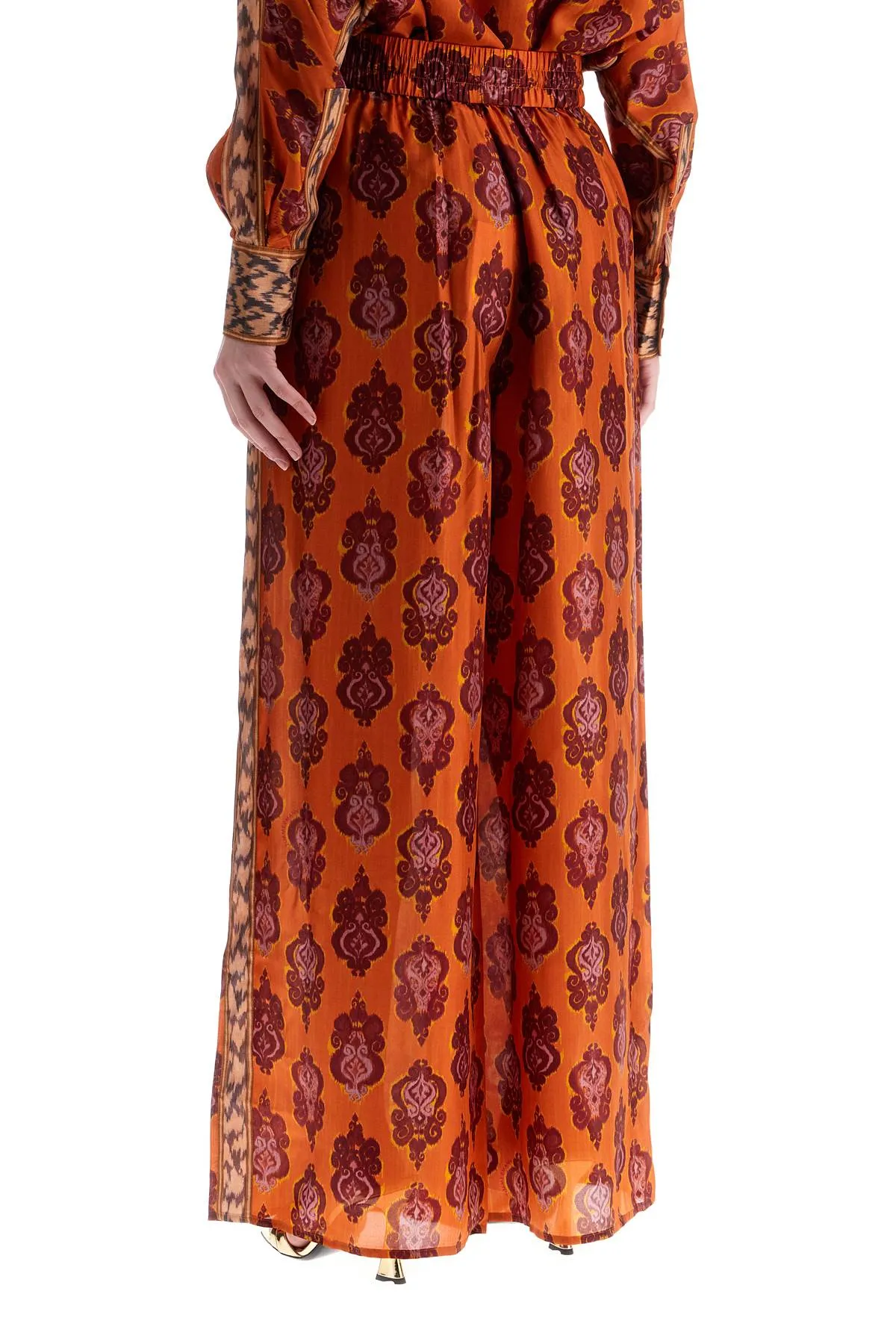 High Waist Wide Leg Ikat Print Silk Pants Orange