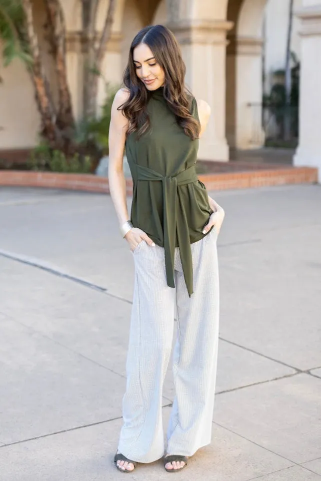 HIGH WAIST WIDE LEG PANT: OLIVE STRIPE