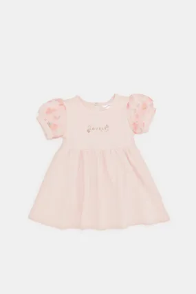 Infant Girls Pink Printed Sleeves Dress