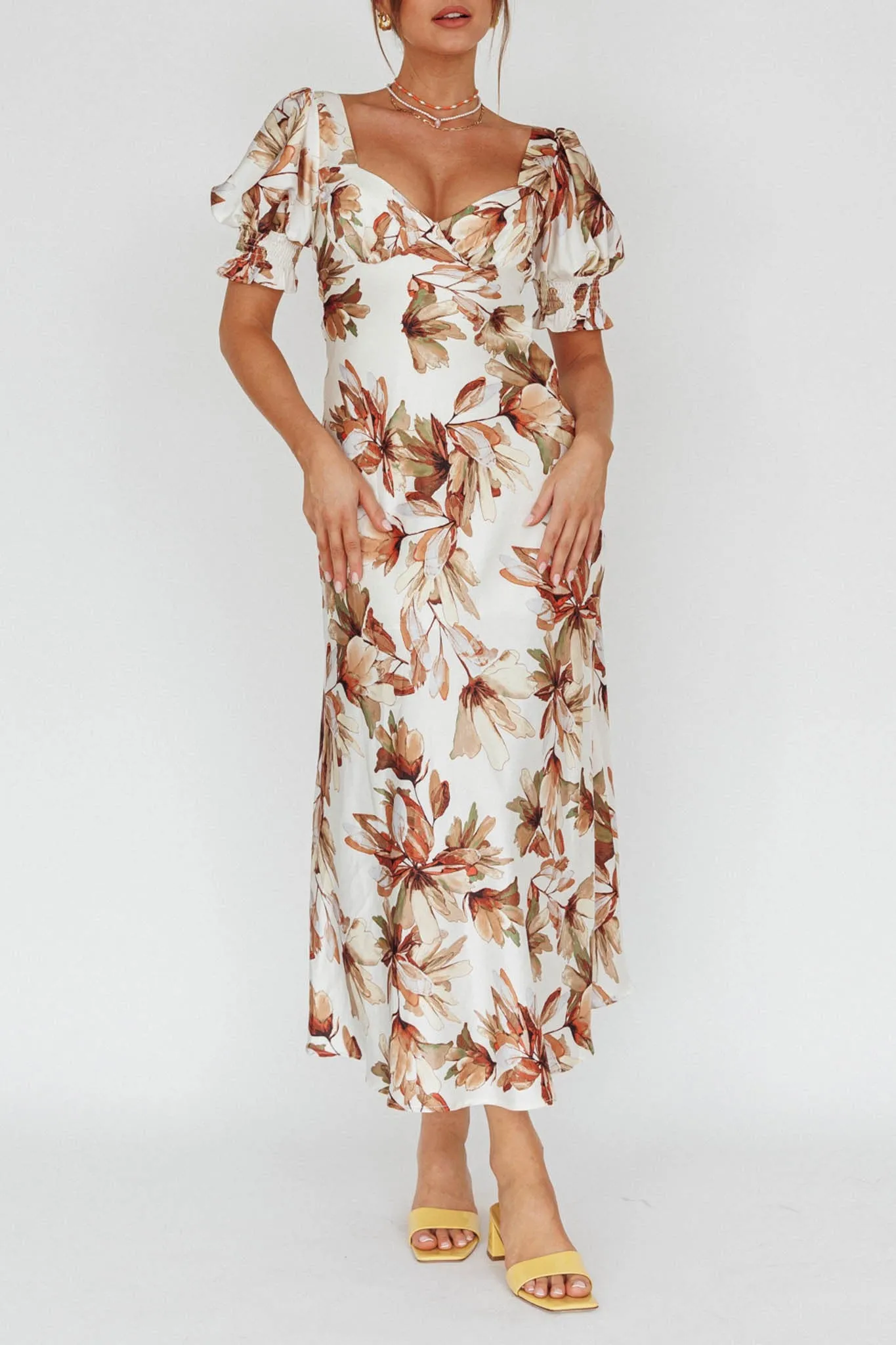 Isabelle Cream Satin Floral Midi Dress