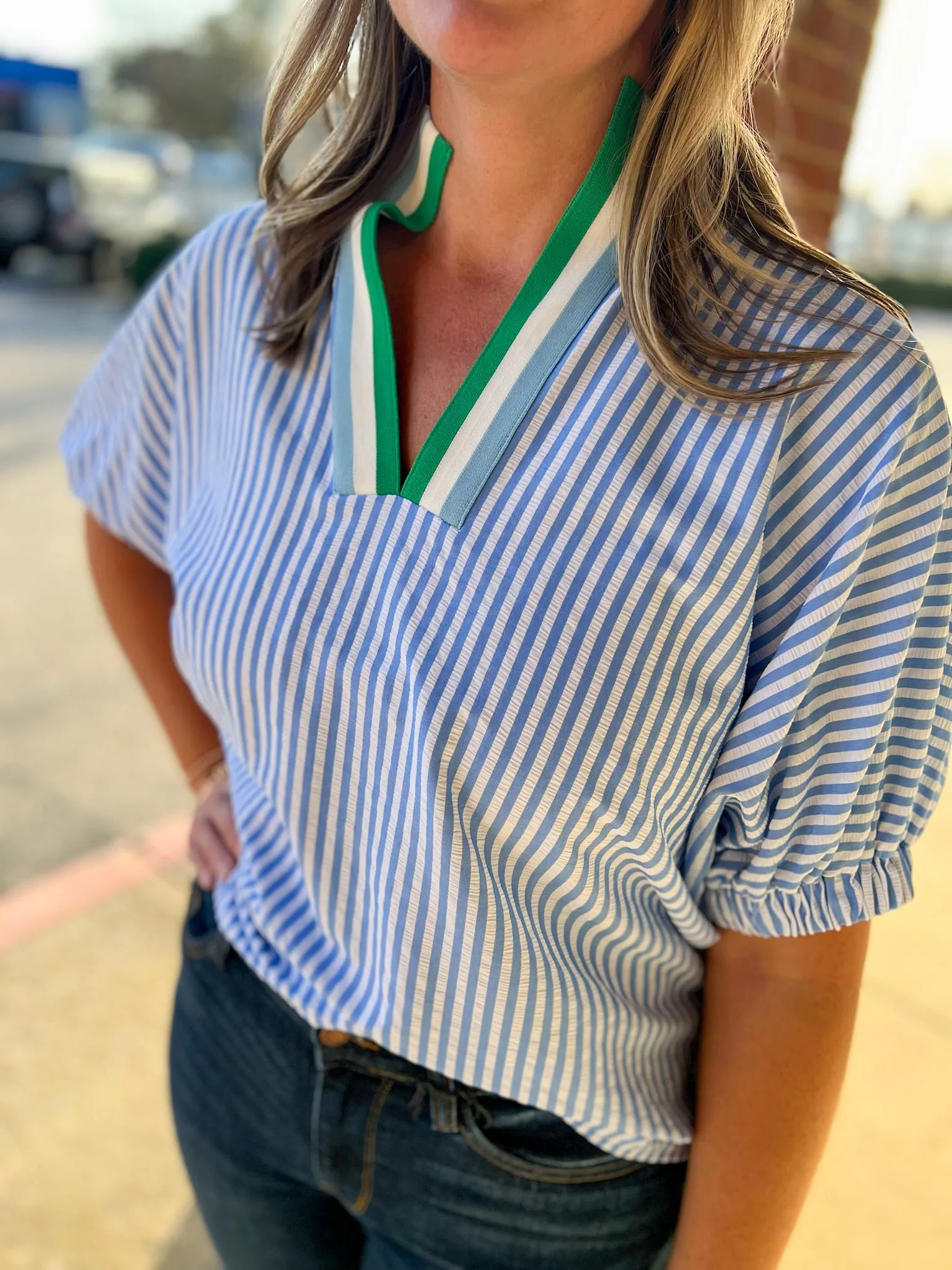 Just a Reminder Blue Striped Top with Dolman Sleeves