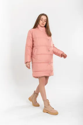 KKT Quilted Fabric Long Sleeve Shawl Collar Long Wide Fastened Women Coat-Powder - Innisfil