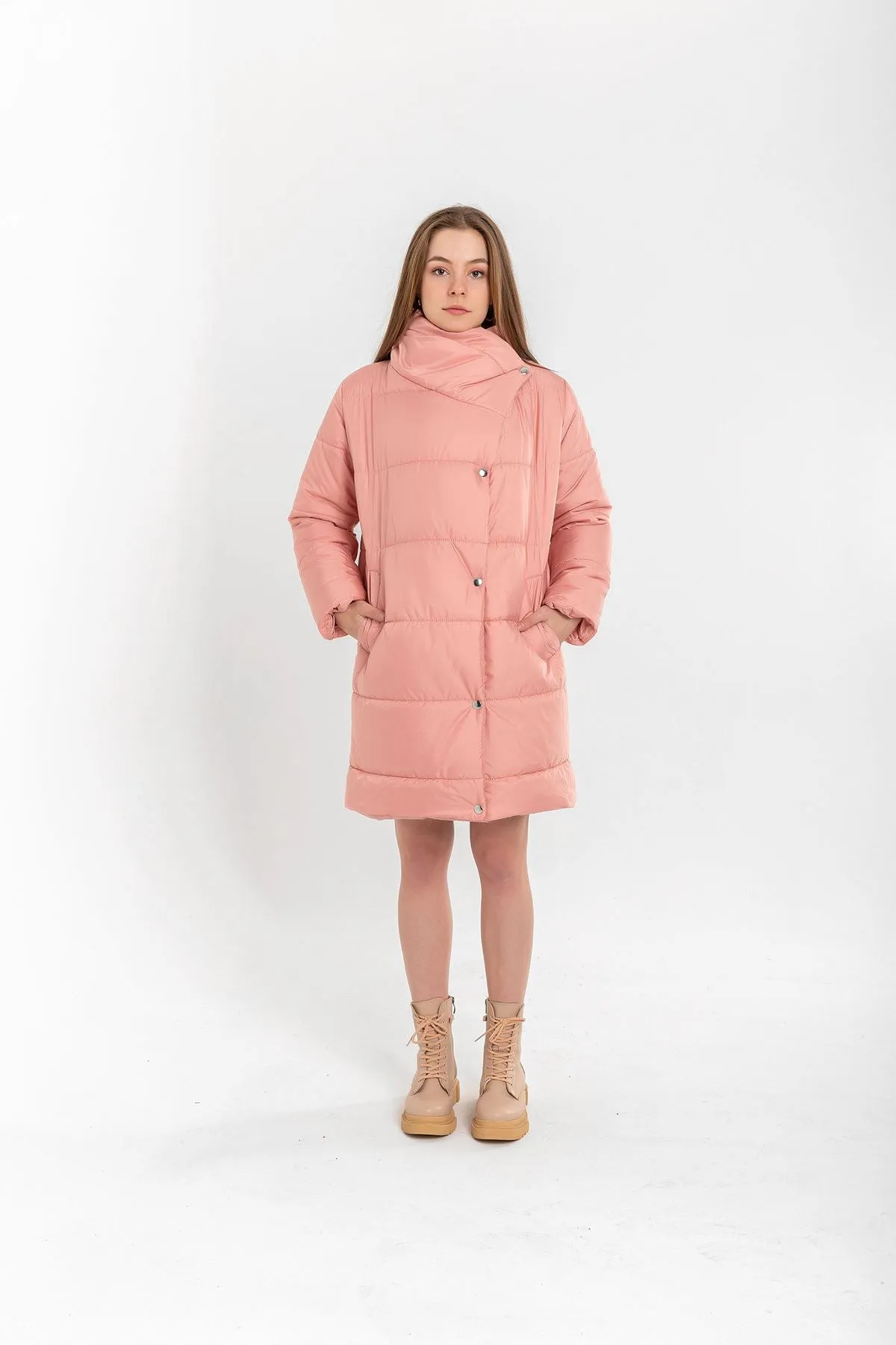 KKT Quilted Fabric Long Sleeve Shawl Collar Long Wide Fastened Women Coat-Powder - Innisfil