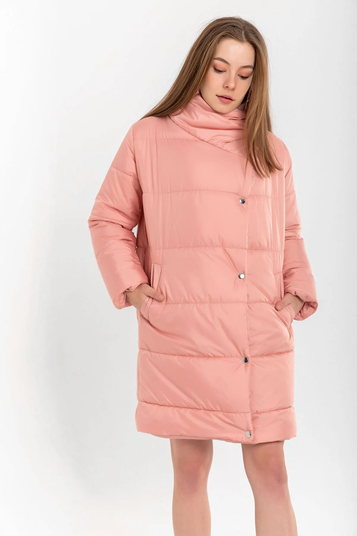 KKT Quilted Fabric Long Sleeve Shawl Collar Long Wide Fastened Women Coat-Powder - Innisfil