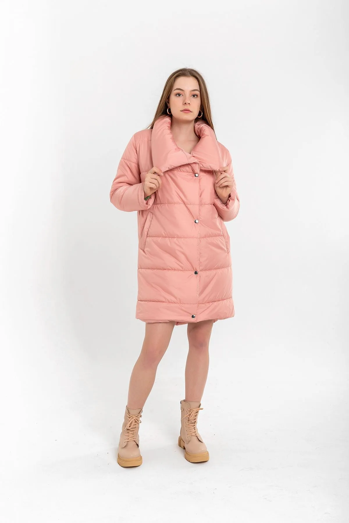 KKT Quilted Fabric Long Sleeve Shawl Collar Long Wide Fastened Women Coat-Powder - Innisfil