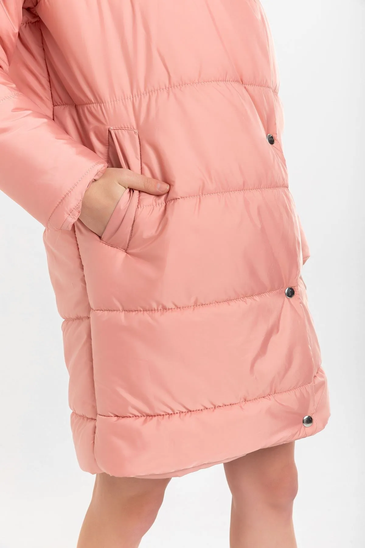 KKT Quilted Fabric Long Sleeve Shawl Collar Long Wide Fastened Women Coat-Powder - Innisfil