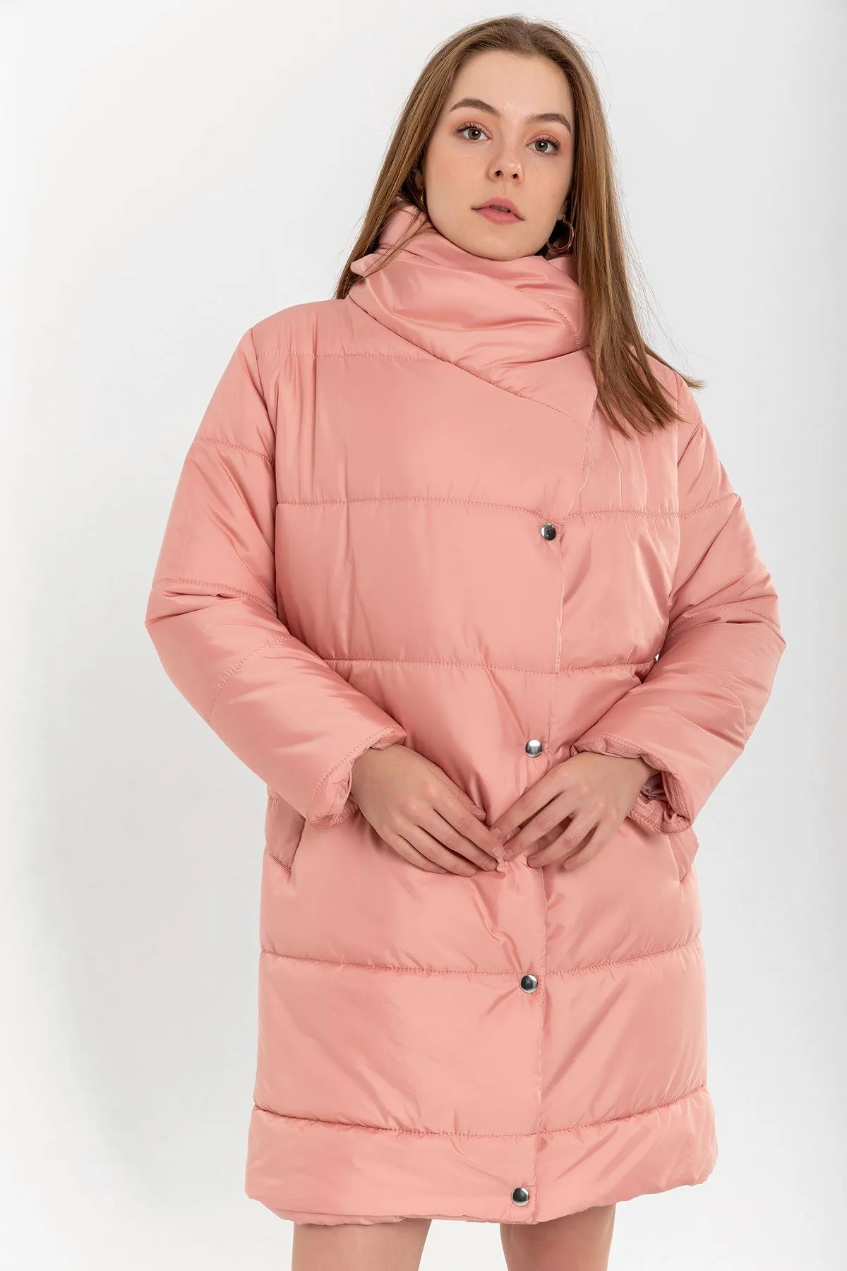 KKT Quilted Fabric Long Sleeve Shawl Collar Long Wide Fastened Women Coat-Powder - Innisfil