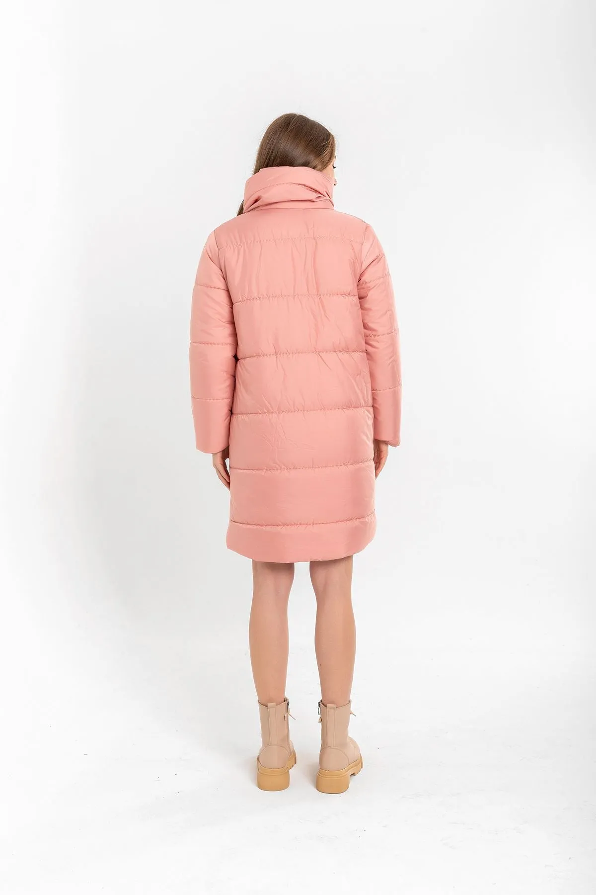 KKT Quilted Fabric Long Sleeve Shawl Collar Long Wide Fastened Women Coat-Powder - Innisfil