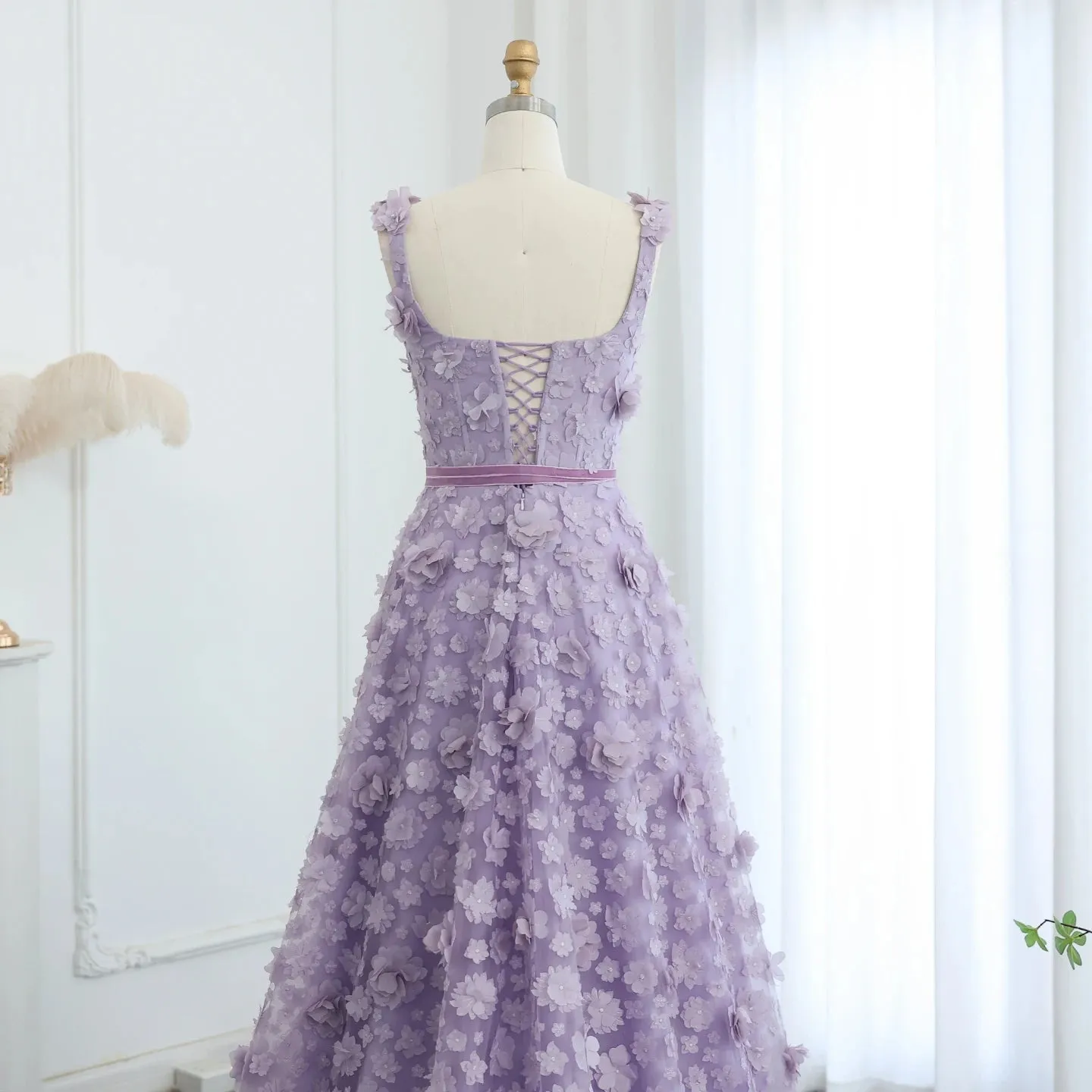 Lilac 3D Floral Evening Gown with High Slit