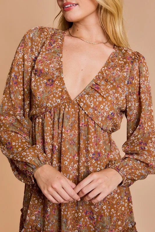 LINDSEY LONG SLEEVE V-NECK SHIRRING FLORAL PRINT DRESS