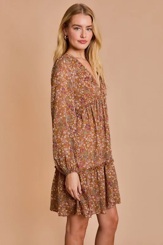 LINDSEY LONG SLEEVE V-NECK SHIRRING FLORAL PRINT DRESS