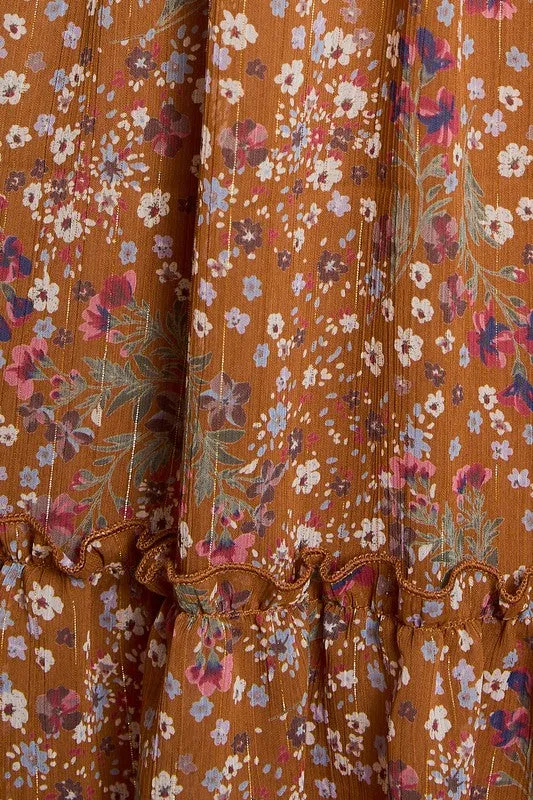 LINDSEY LONG SLEEVE V-NECK SHIRRING FLORAL PRINT DRESS
