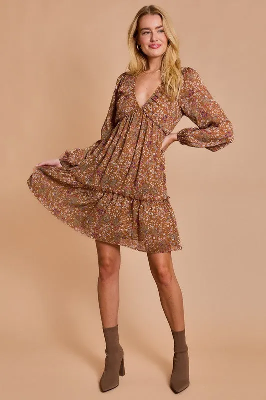 LINDSEY LONG SLEEVE V-NECK SHIRRING FLORAL PRINT DRESS