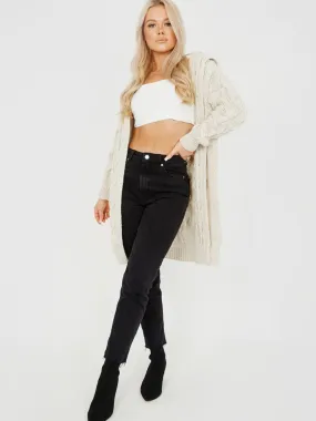 Melanie Cable Knit Detail Hooded Cardigan In Stone