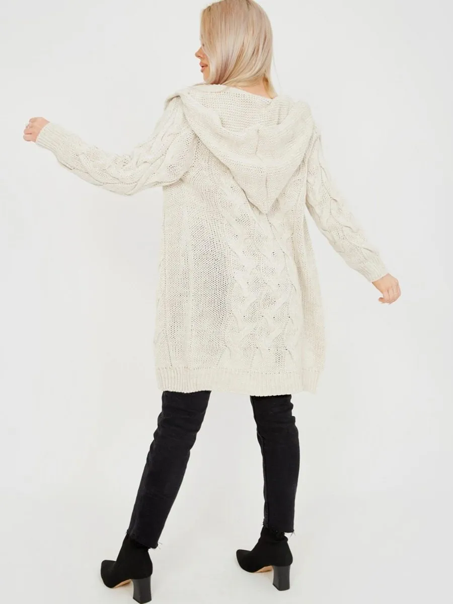Melanie Cable Knit Detail Hooded Cardigan In Stone