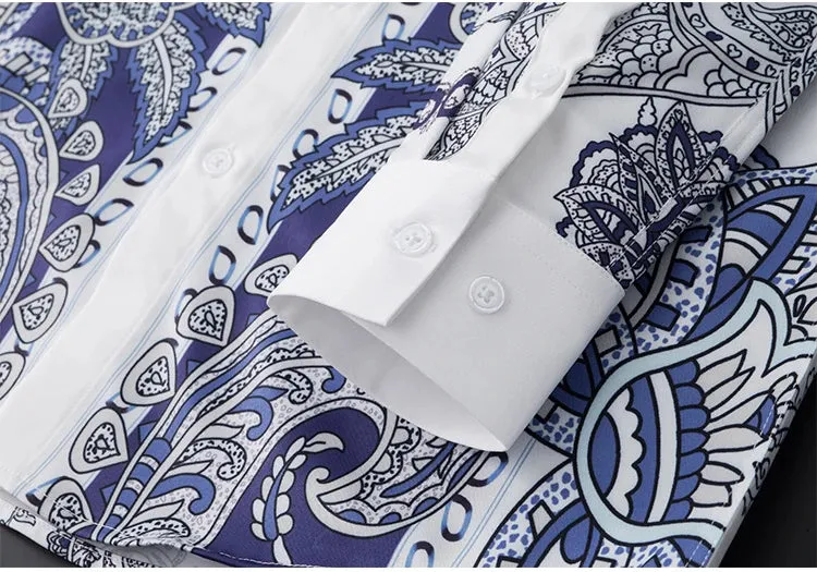 Men's Luxury Printed Dress Shirt – European American Slim Fit Long Sleeve Casual Business Blouse