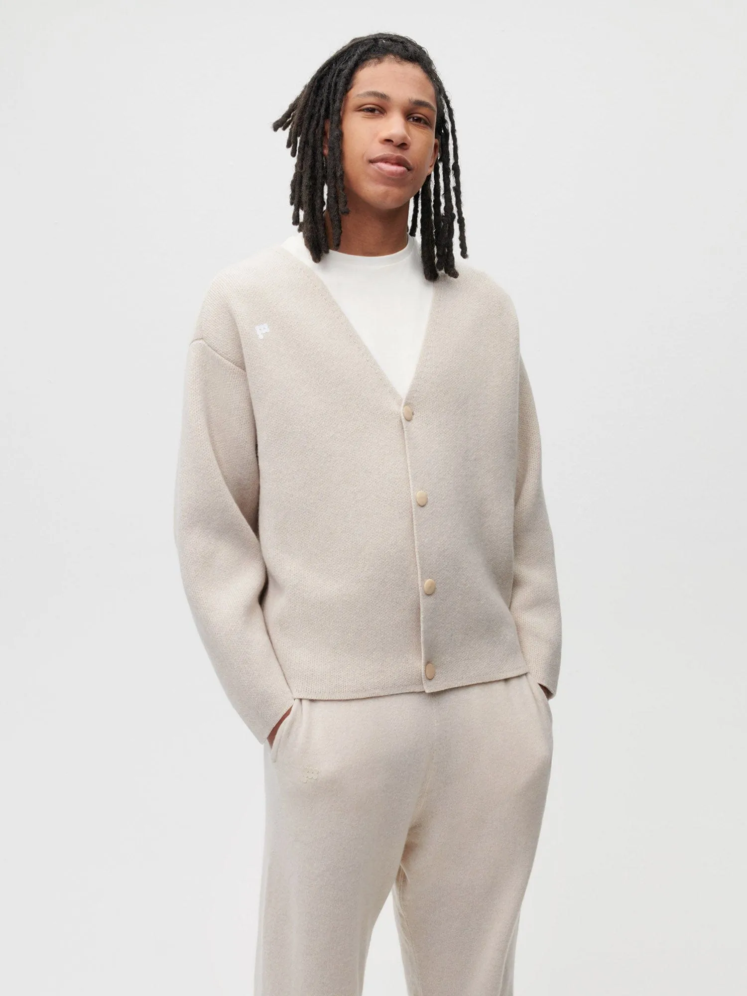 Mens Recycled Cashmere Cardigan—oatmeal