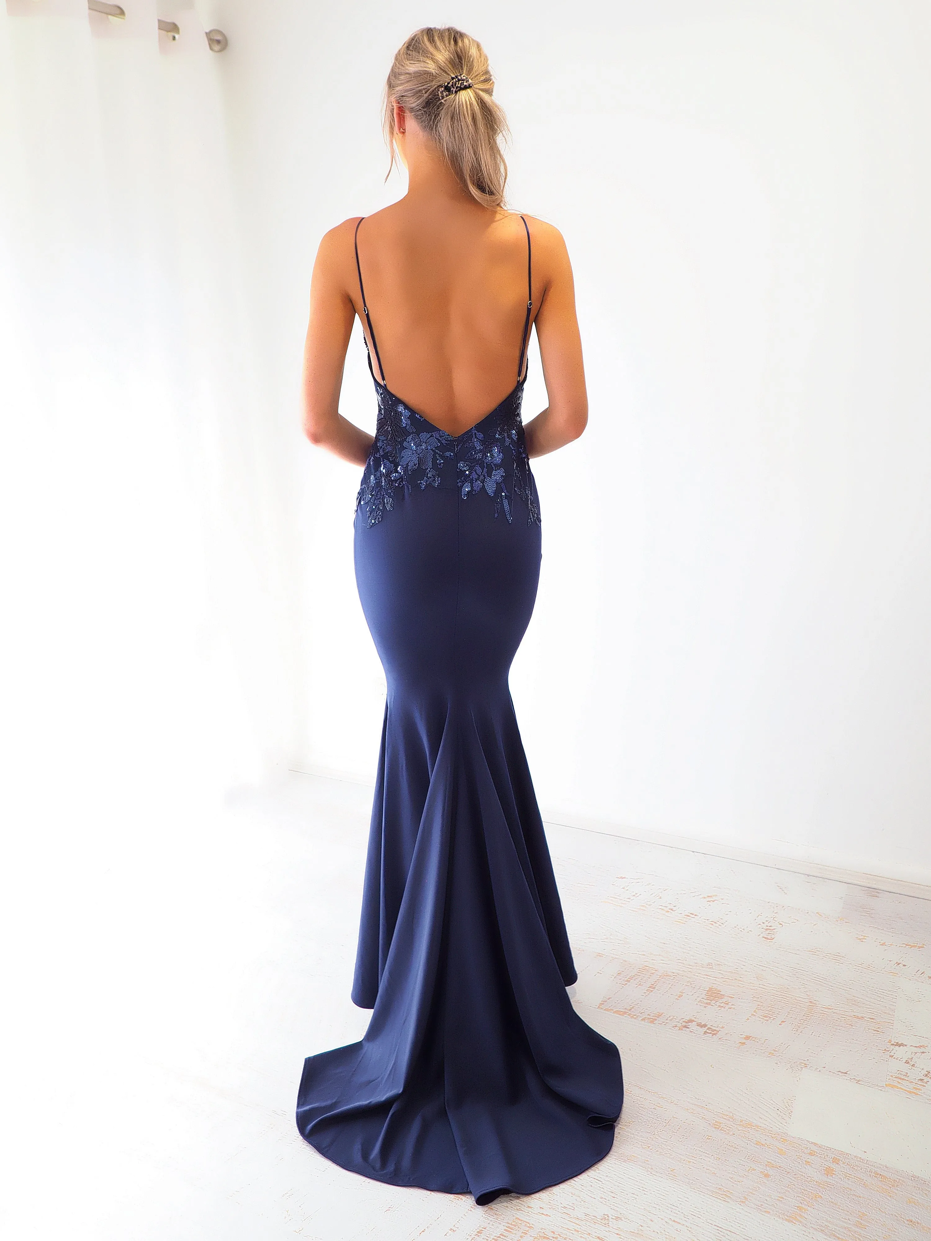 Midnight Blue sequin lace mermaid dress fore hire
