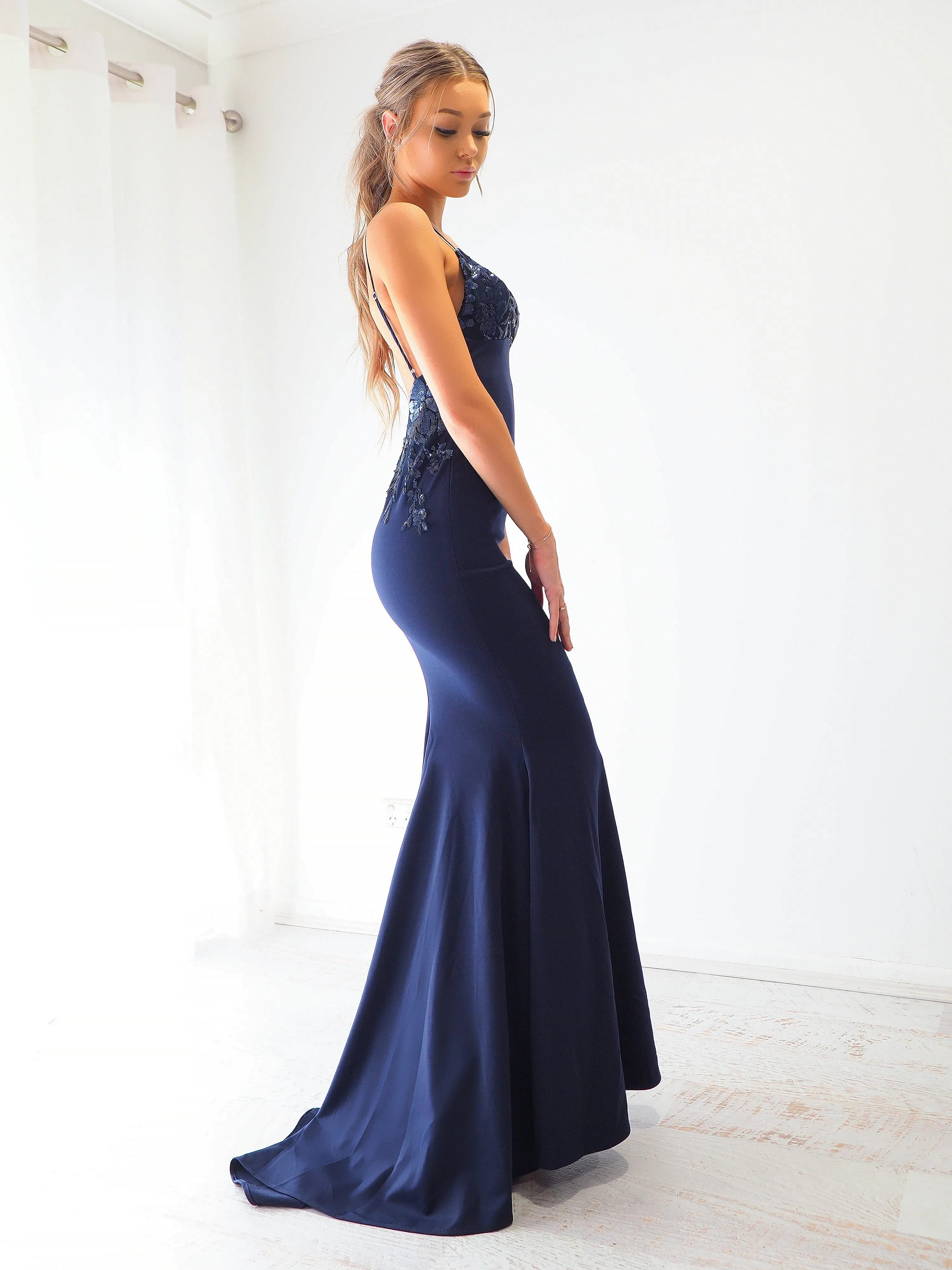 Midnight Blue sequin lace mermaid dress fore hire