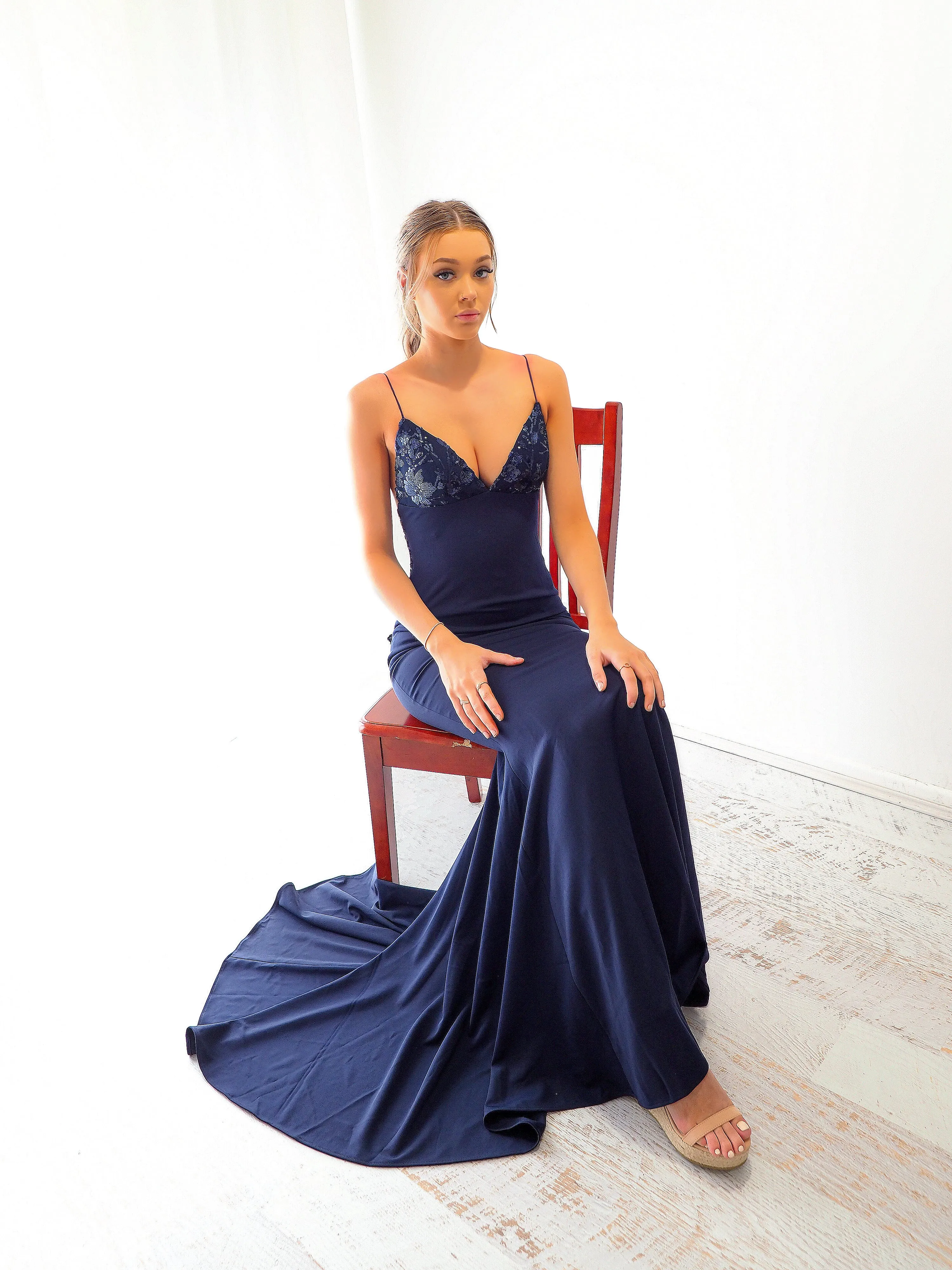 Midnight Blue sequin lace mermaid dress fore hire