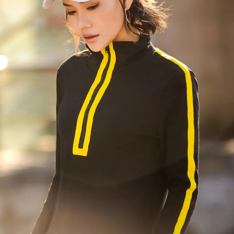 MIP FUNNEL NECK LONG SLEEVE TOP WITH ZIP FRONT AND CONTRAST STRIPE