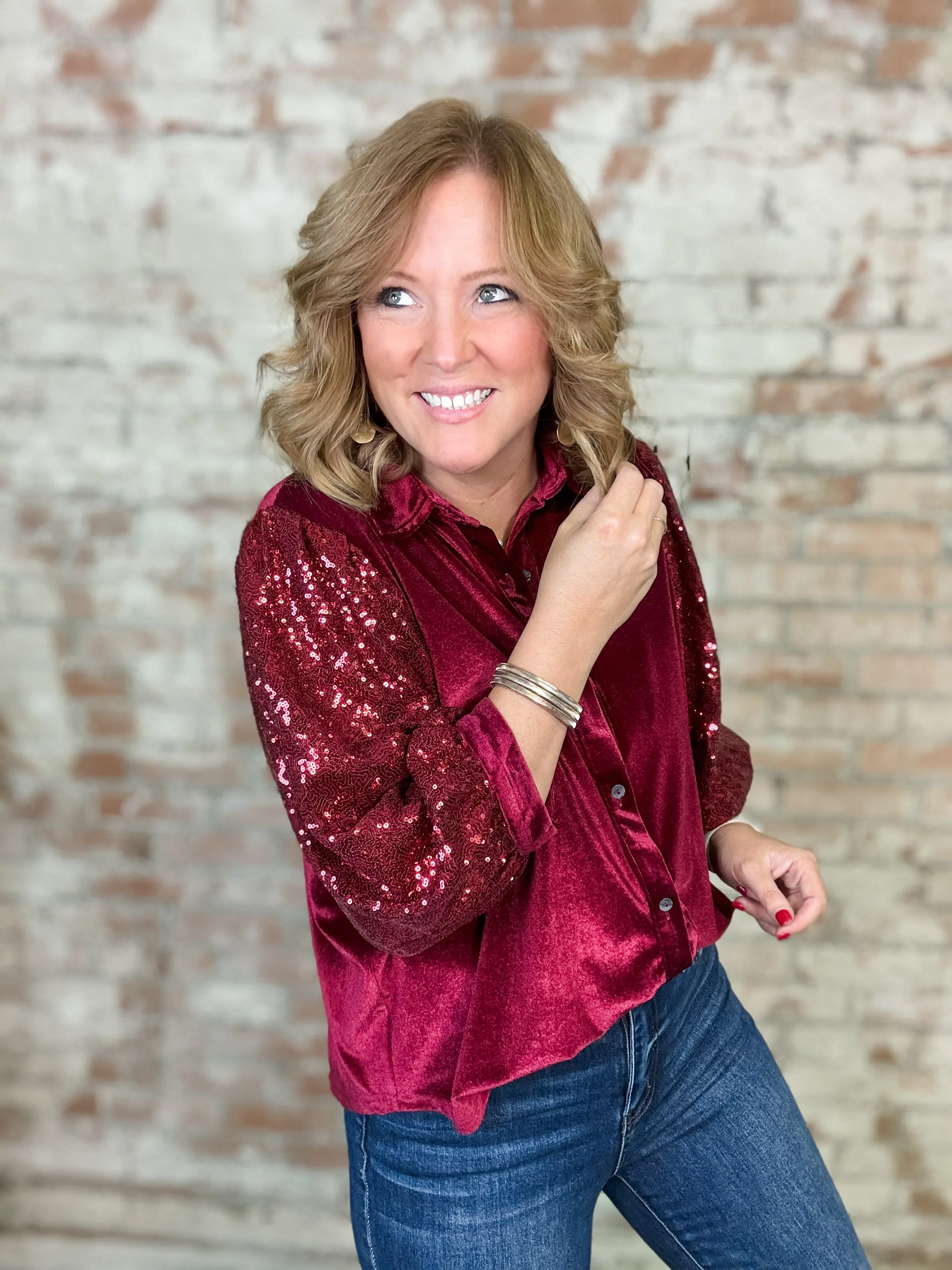 Misty Sequin Sleeve Button Up Top - FINAL SALE