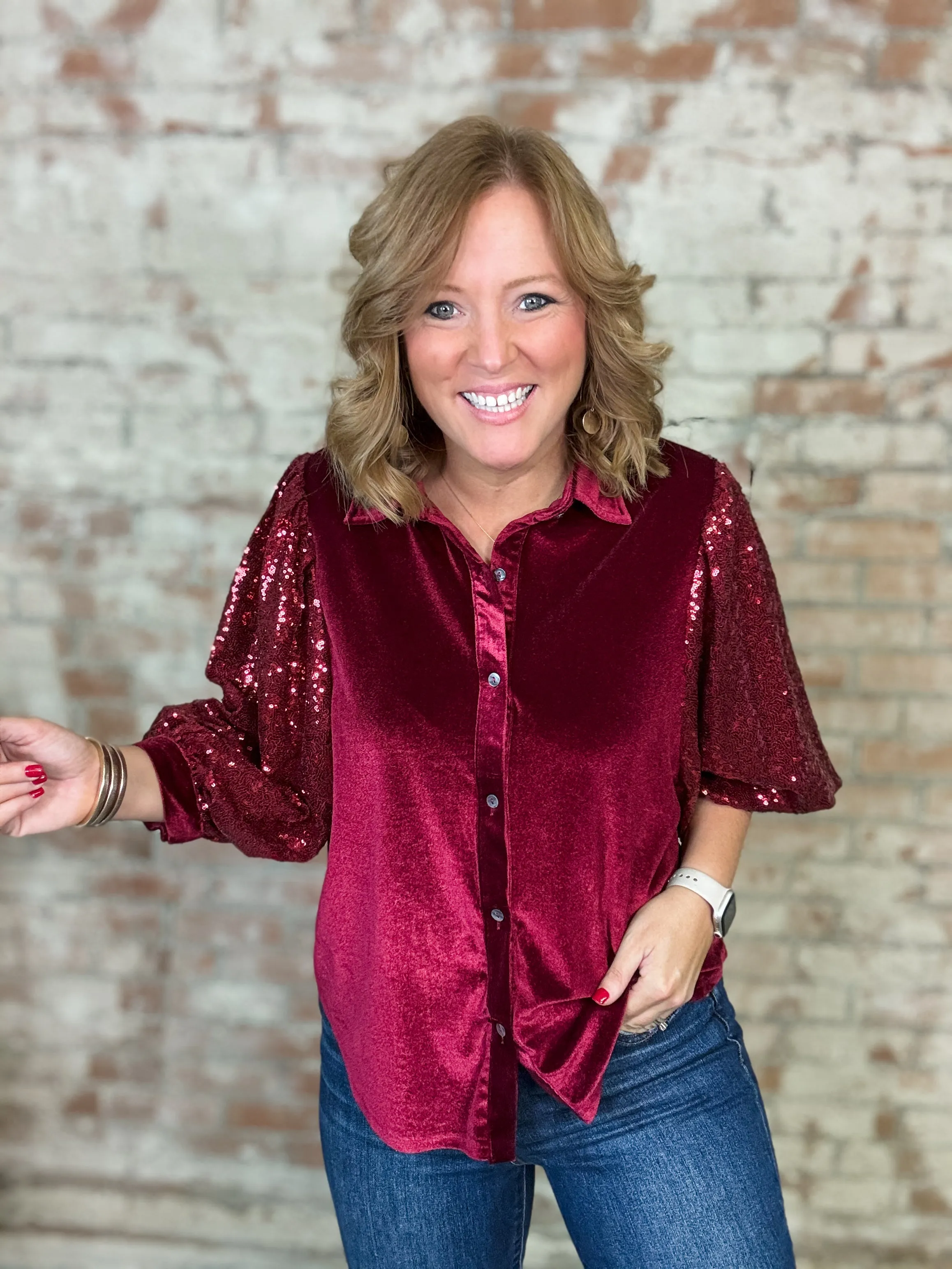 Misty Sequin Sleeve Button Up Top - FINAL SALE