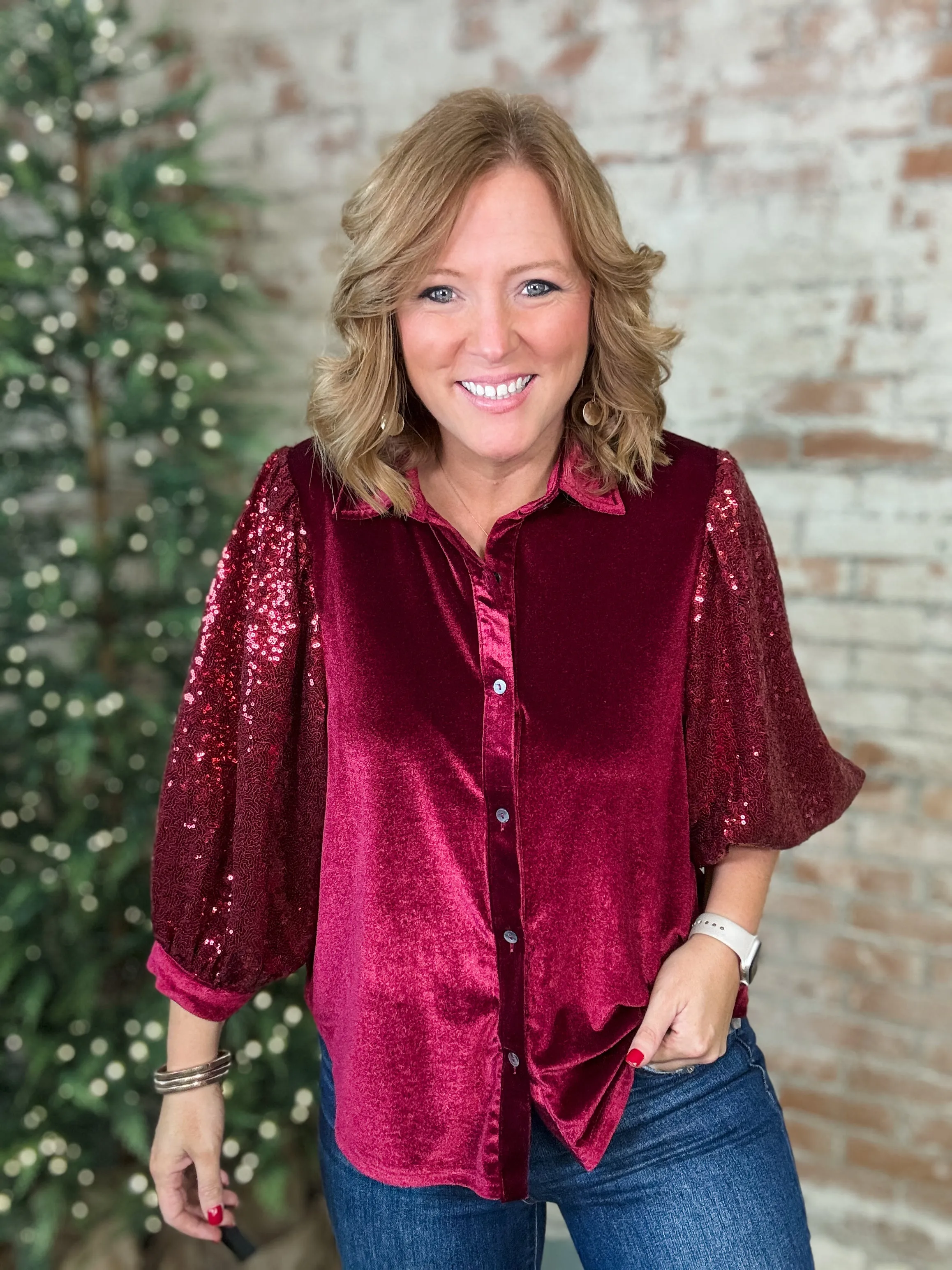 Misty Sequin Sleeve Button Up Top - FINAL SALE