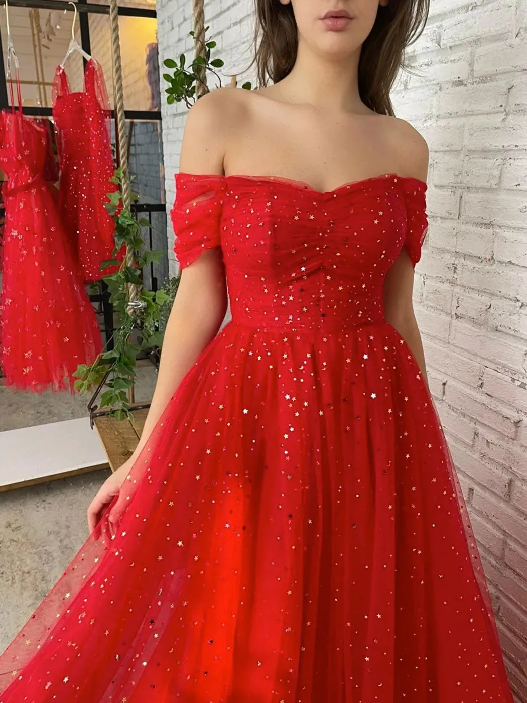 Off Shoulder A line Tulle Red Long Prom Dresses, Red Long Formal Bridesmaid Dresses.