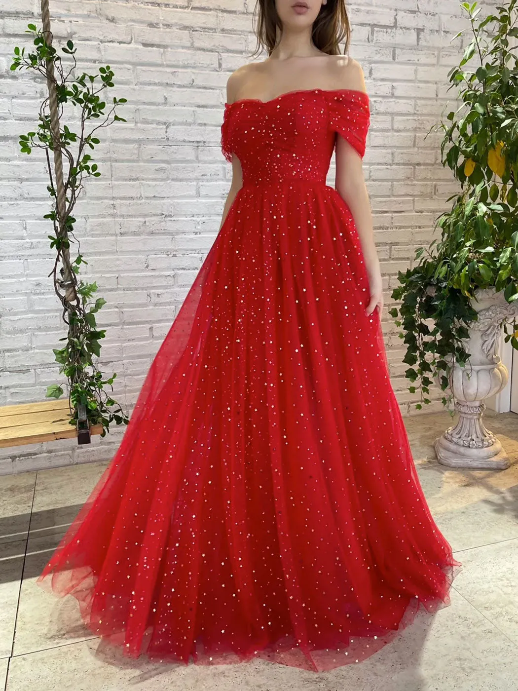 Off Shoulder A line Tulle Red Long Prom Dresses, Red Long Formal Bridesmaid Dresses.