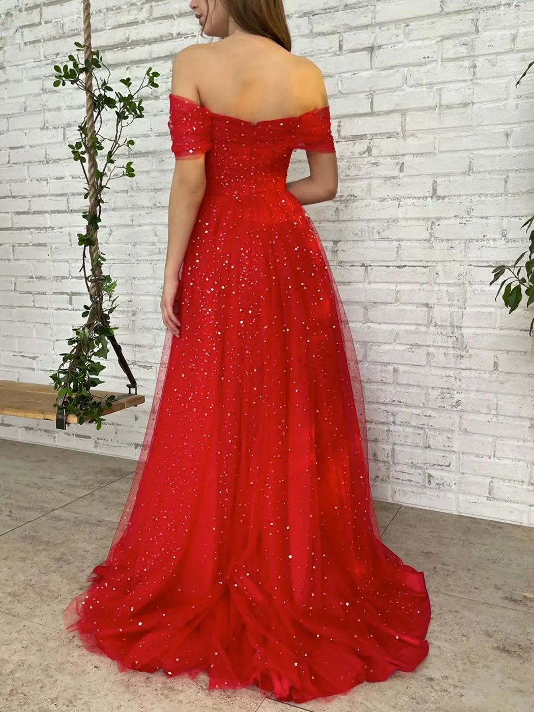 Off Shoulder A line Tulle Red Long Prom Dresses, Red Long Formal Bridesmaid Dresses.