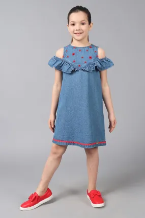 One Friday Kids Girls Indigo Denim Embroidered Dress With Frill Detail