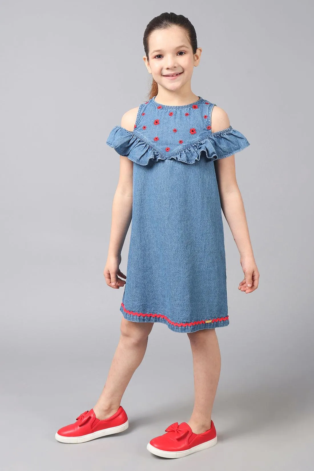 One Friday Kids Girls Indigo Denim Embroidered Dress With Frill Detail
