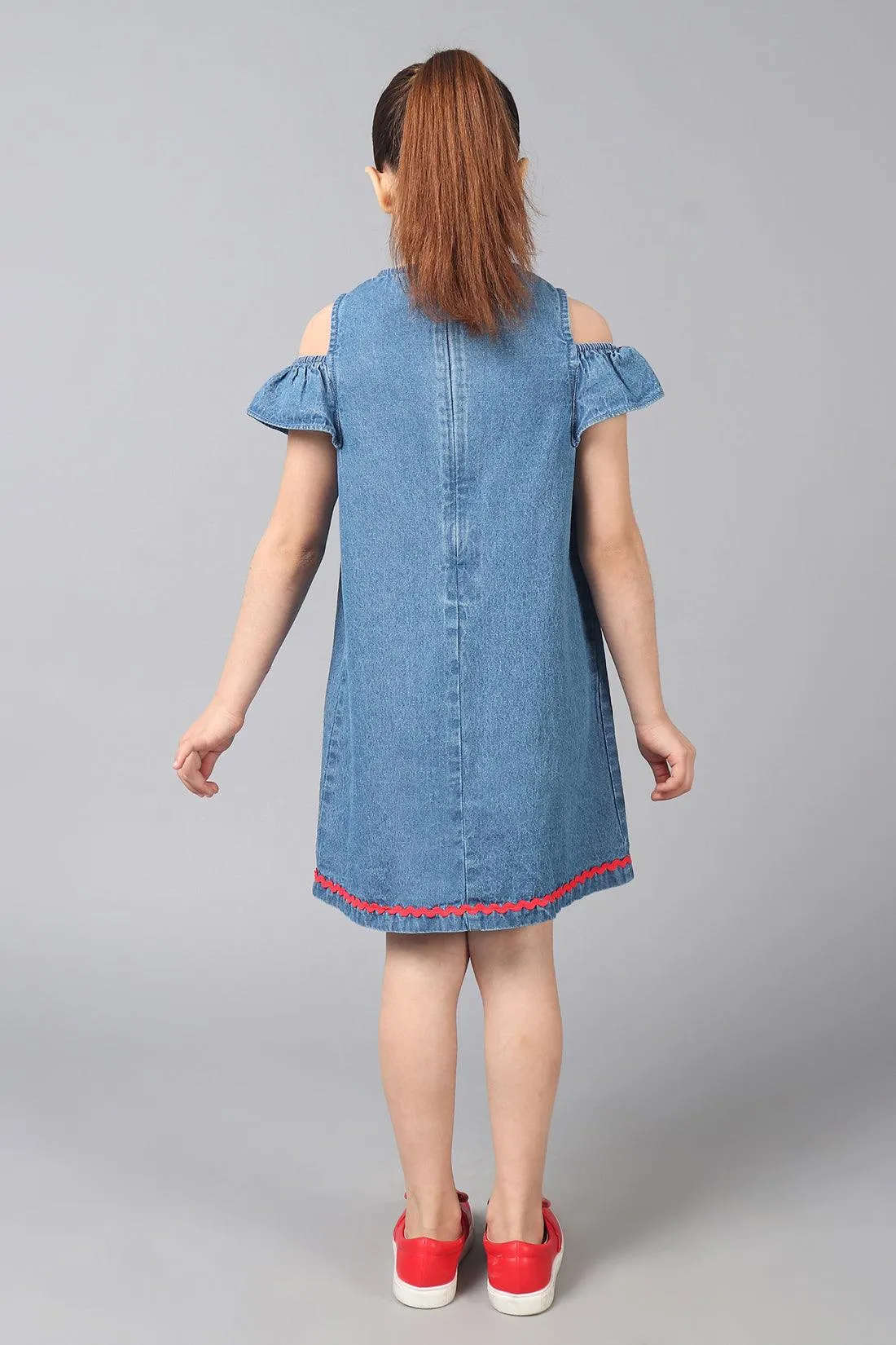 One Friday Kids Girls Indigo Denim Embroidered Dress With Frill Detail