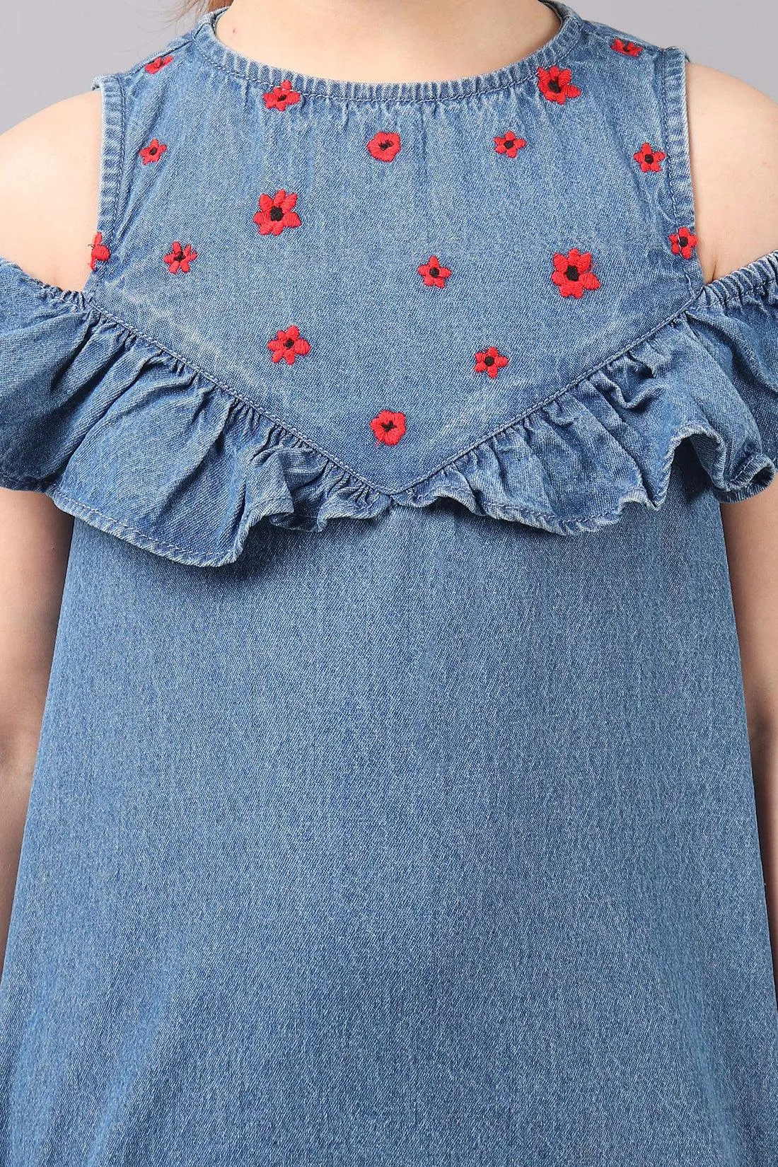 One Friday Kids Girls Indigo Denim Embroidered Dress With Frill Detail